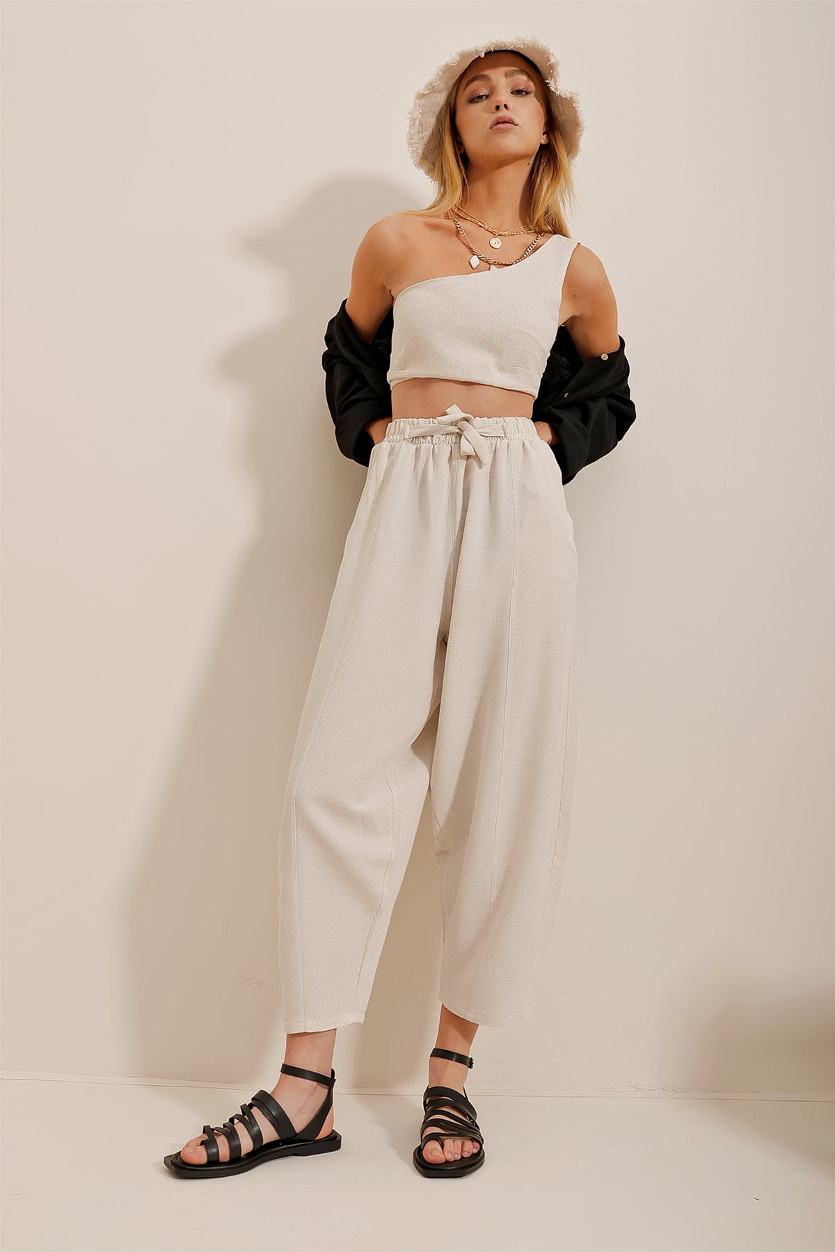 Elastik Bel Wide Leg Keten Dokuma Pantolon - Bej