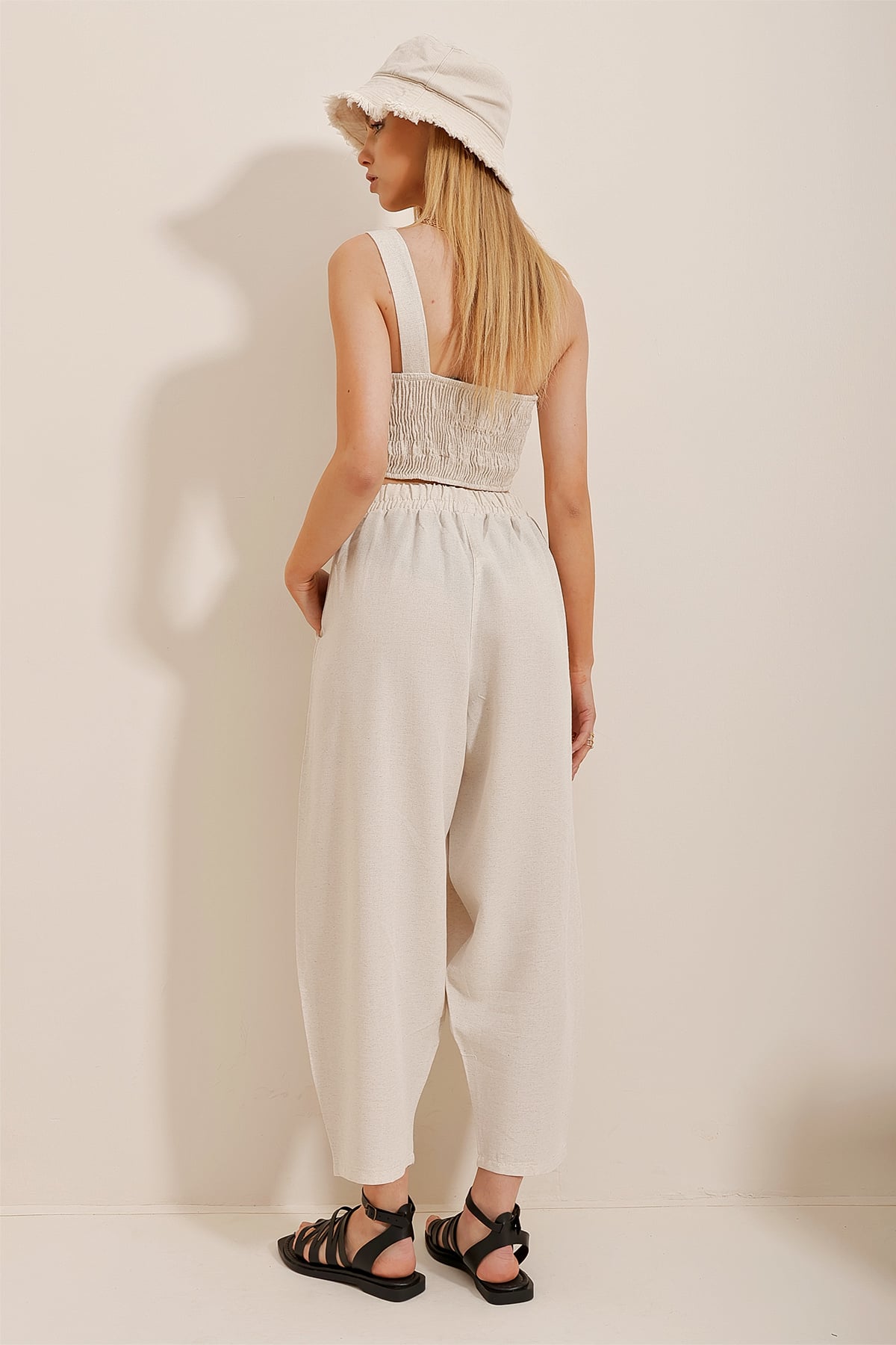 Elastik Bel Wide Leg Keten Dokuma Pantolon - Bej