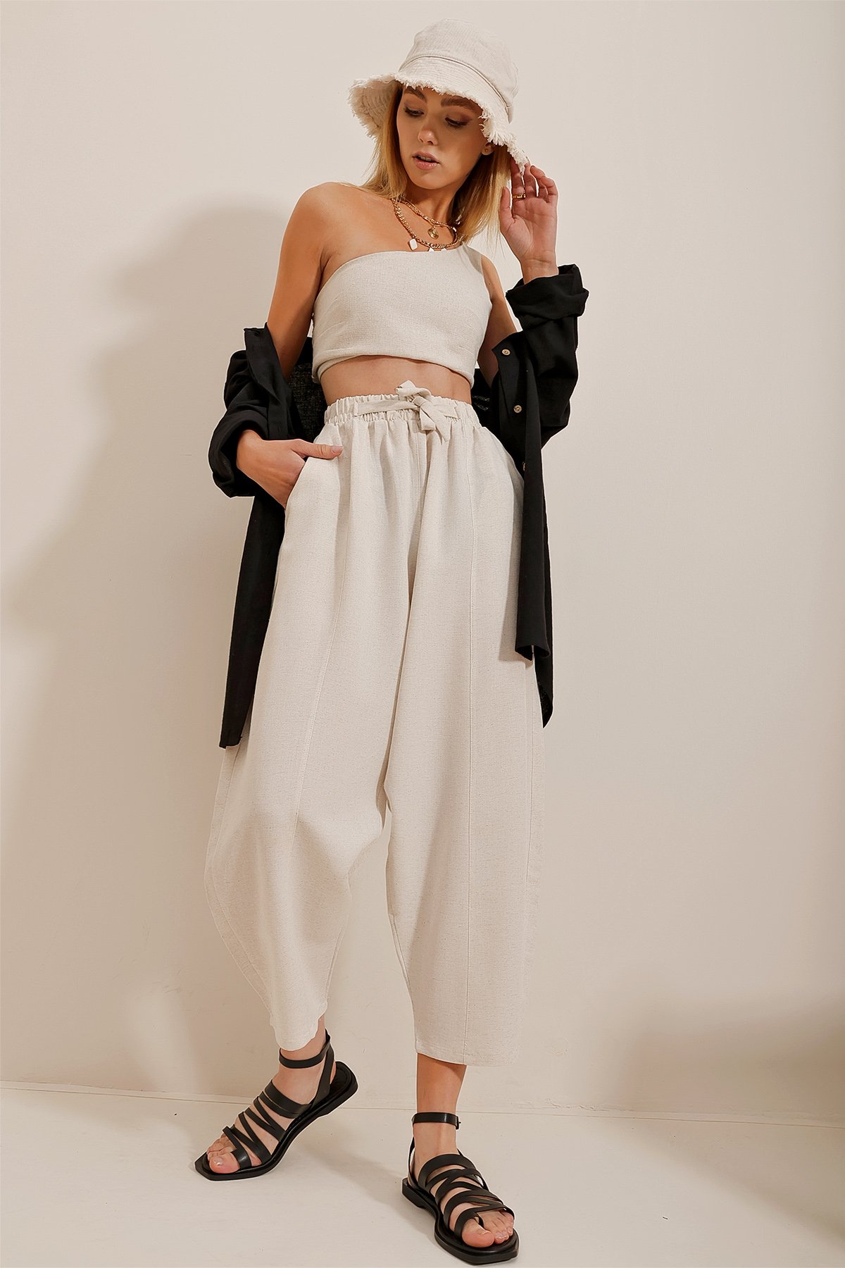 Elastik Bel Wide Leg Keten Dokuma Pantolon - Bej