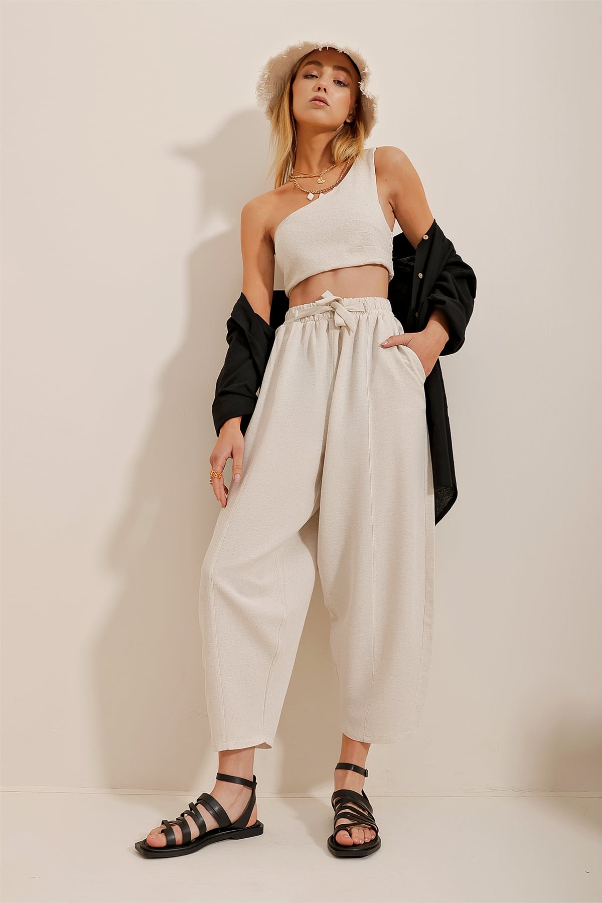 Elastik Bel Wide Leg Keten Dokuma Pantolon - Bej