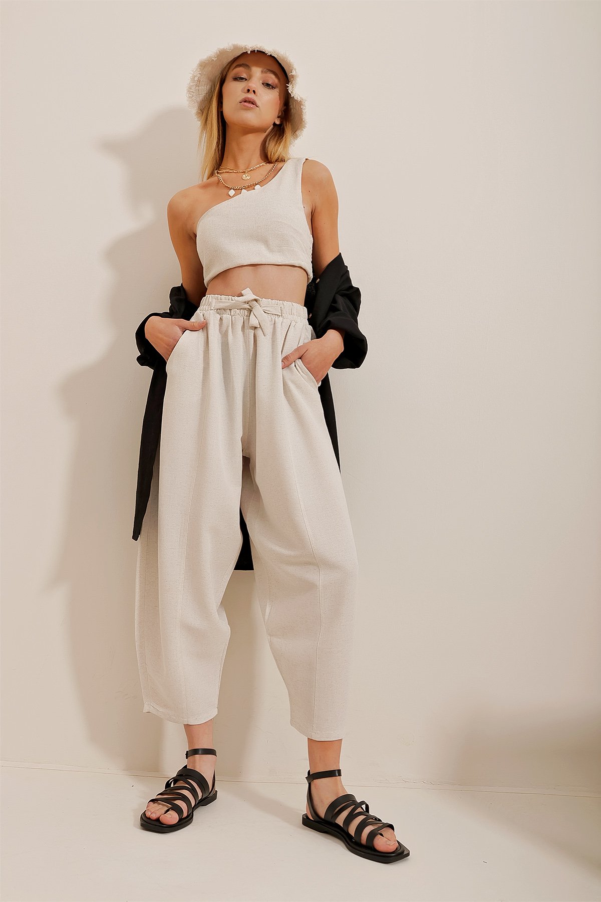 Elastik Bel Wide Leg Keten Dokuma Pantolon - Bej