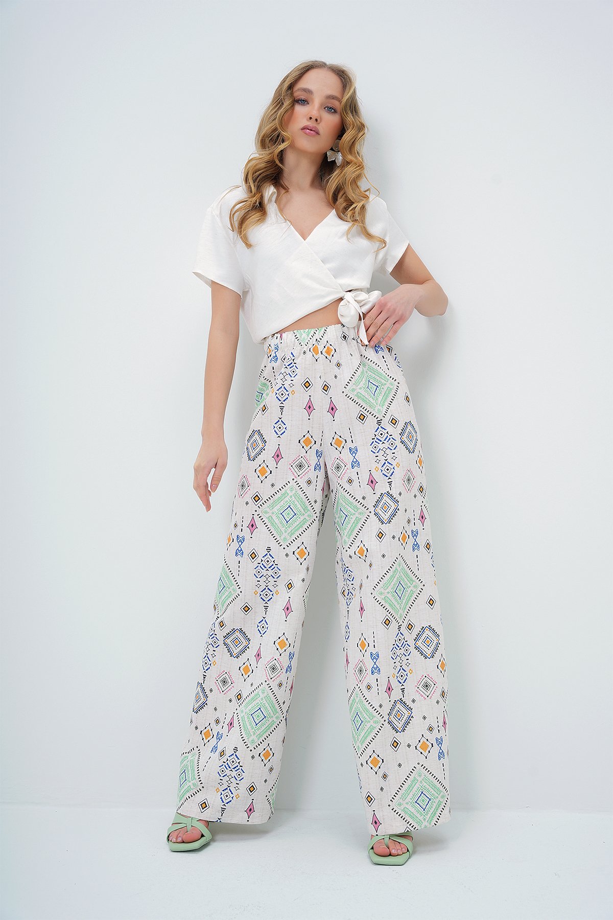 ETNİK DESENLİ BELİ LASTİKLİ KETEN PANTOLON - YEŞİL