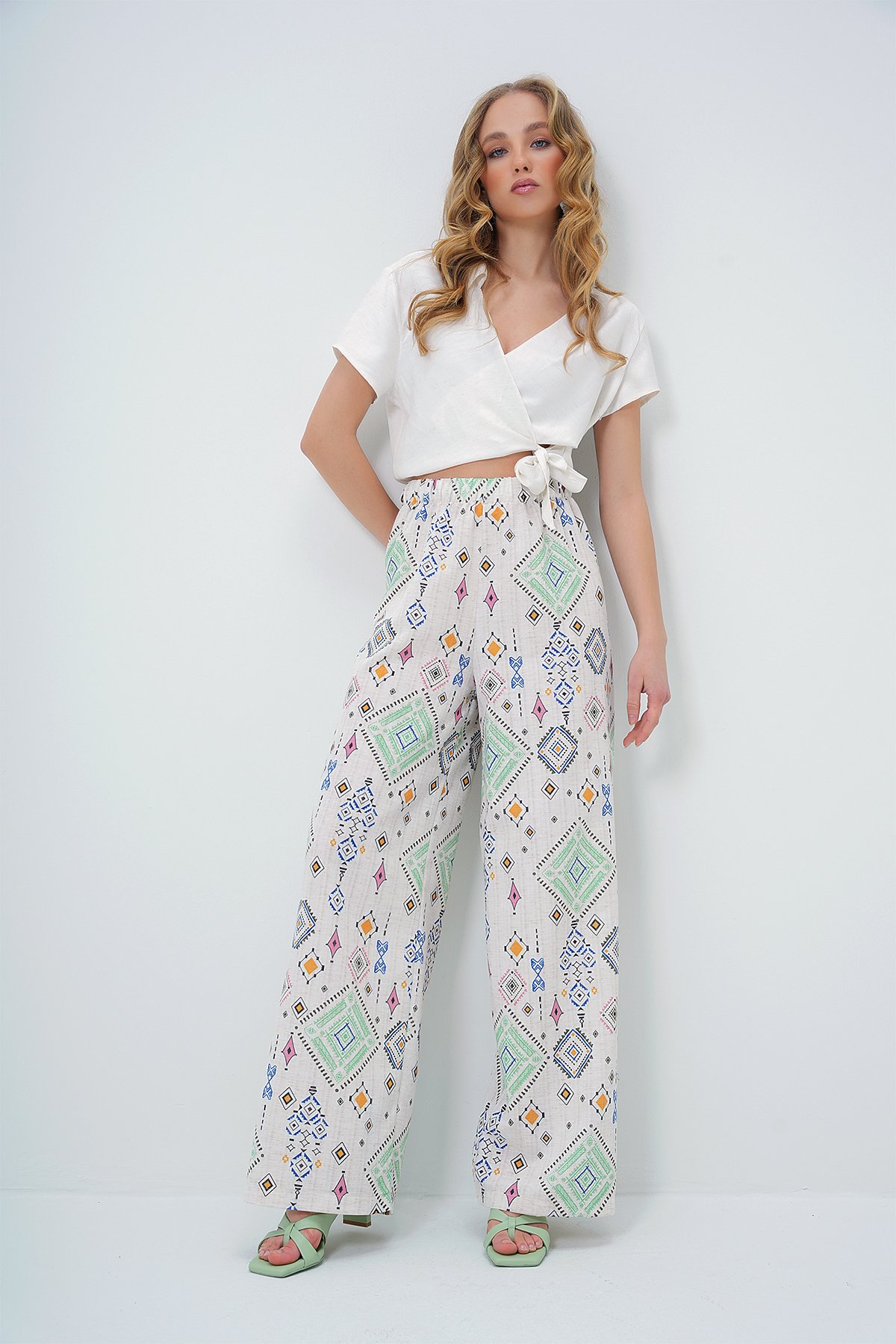ETNİK DESENLİ BELİ LASTİKLİ KETEN PANTOLON - YEŞİL