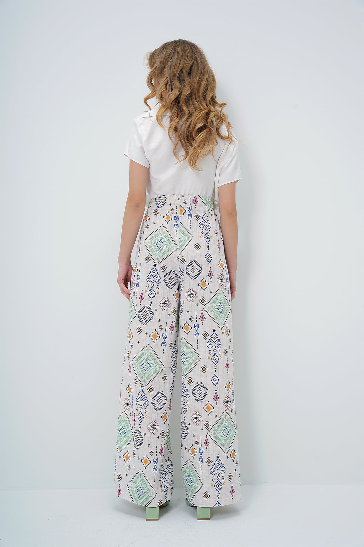ETNİK DESENLİ BELİ LASTİKLİ KETEN PANTOLON - YEŞİL