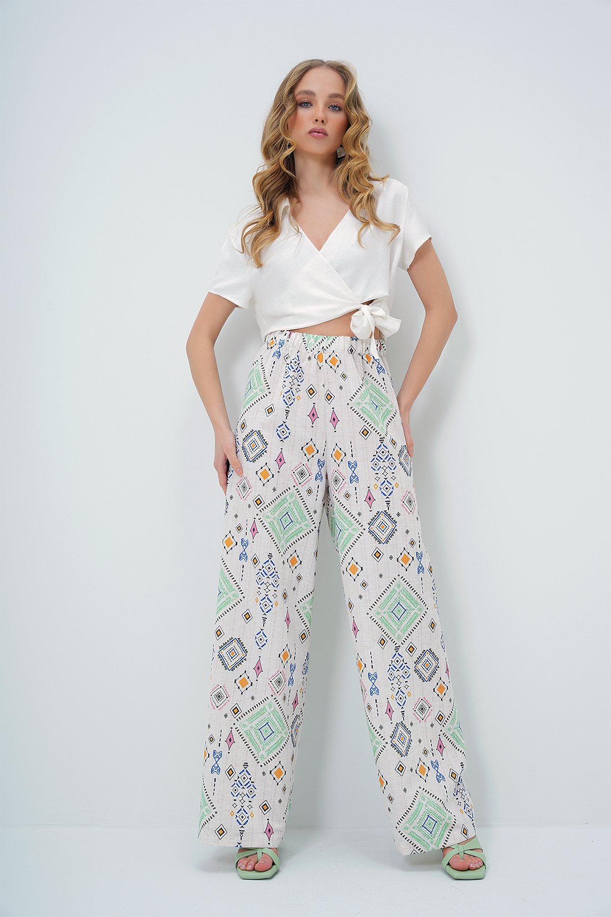 ETNİK DESENLİ BELİ LASTİKLİ KETEN PANTOLON - YEŞİL