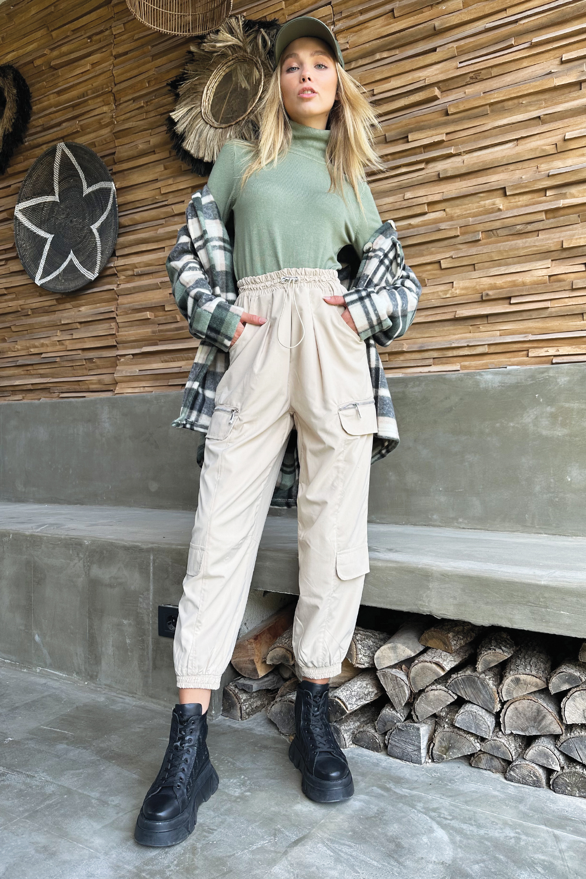 Fermuar Detaylı Jogging Pantolon - Taş