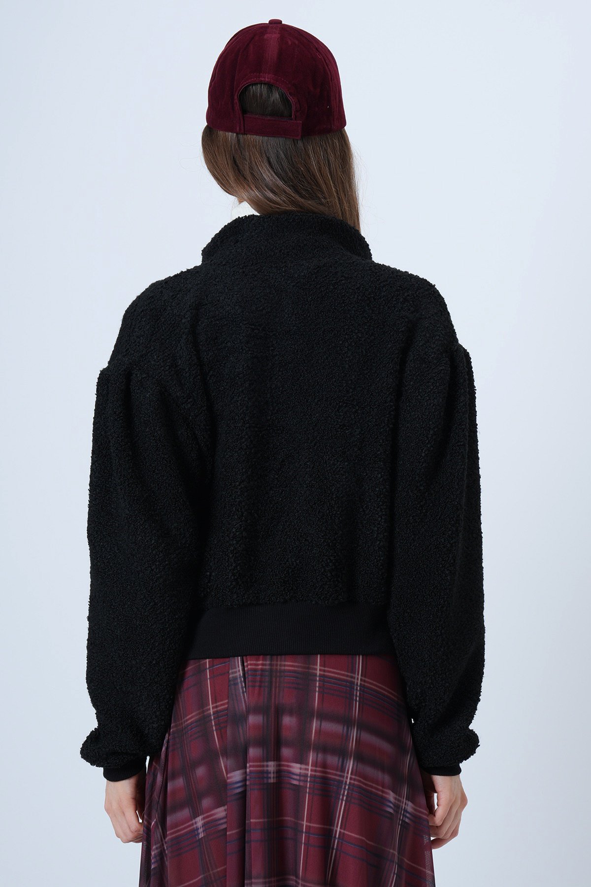 Fermuarlı Peluş Dokulu Kolu Ribanalı Ceket - SİYAH