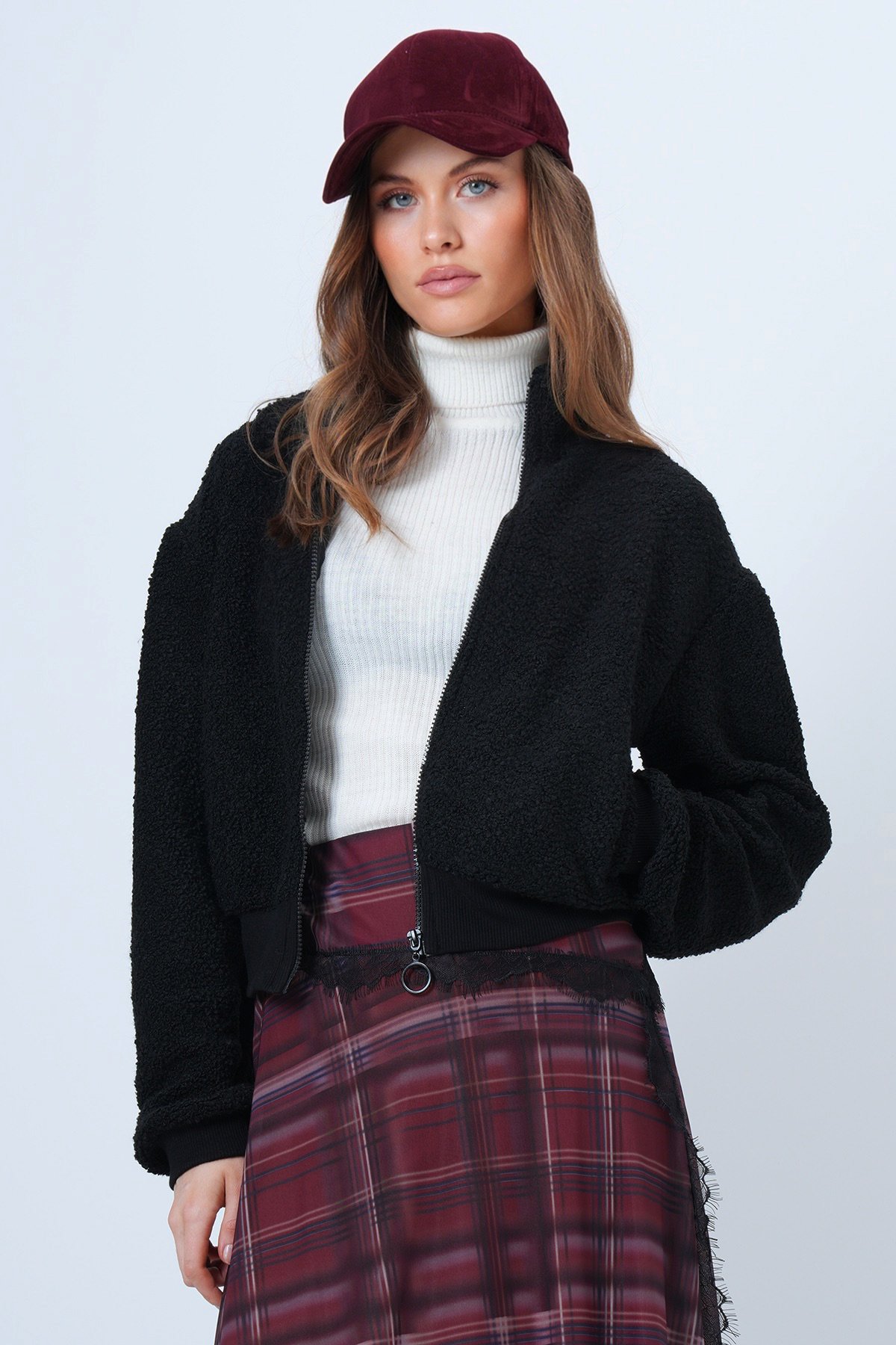 Fermuarlı Peluş Dokulu Kolu Ribanalı Ceket - SİYAH