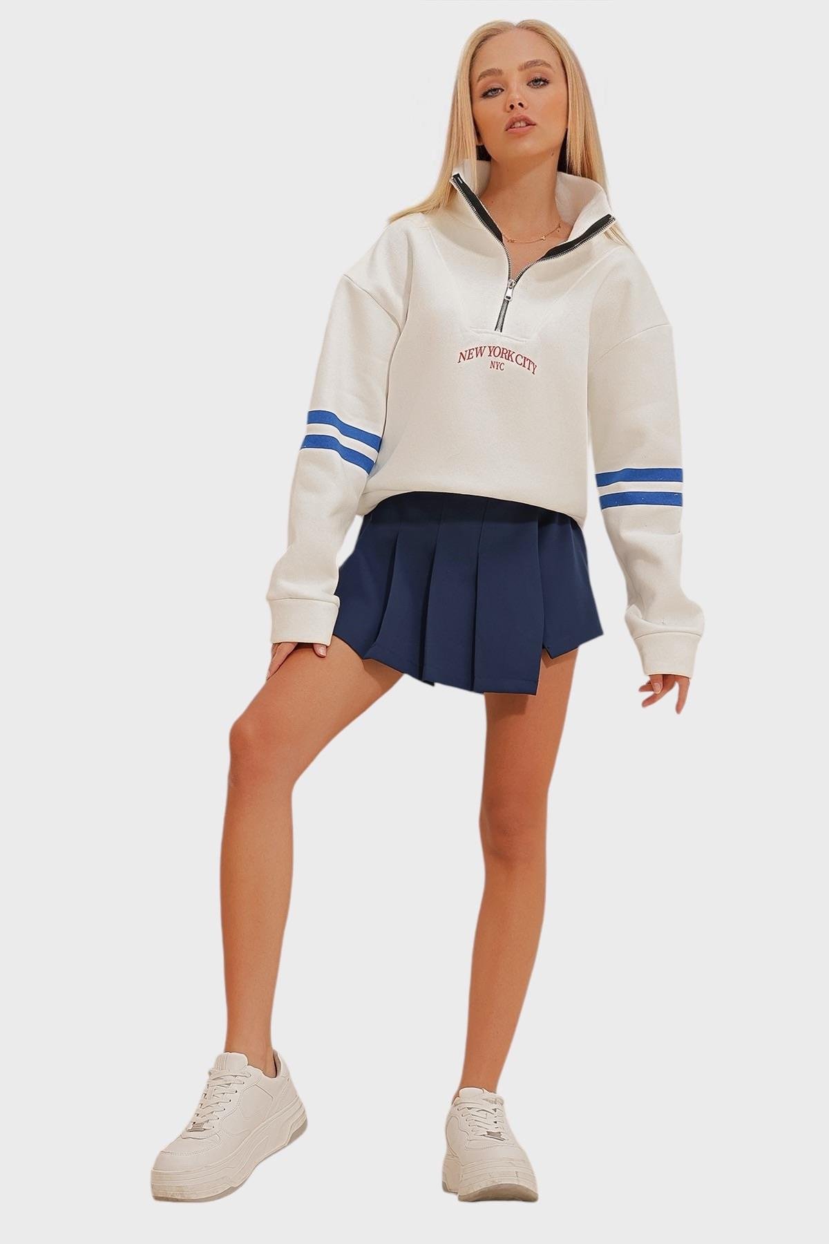 Fermuarlı Şeritli 3 İplik İçi Şardonlu Sweatshirt - Beyaz