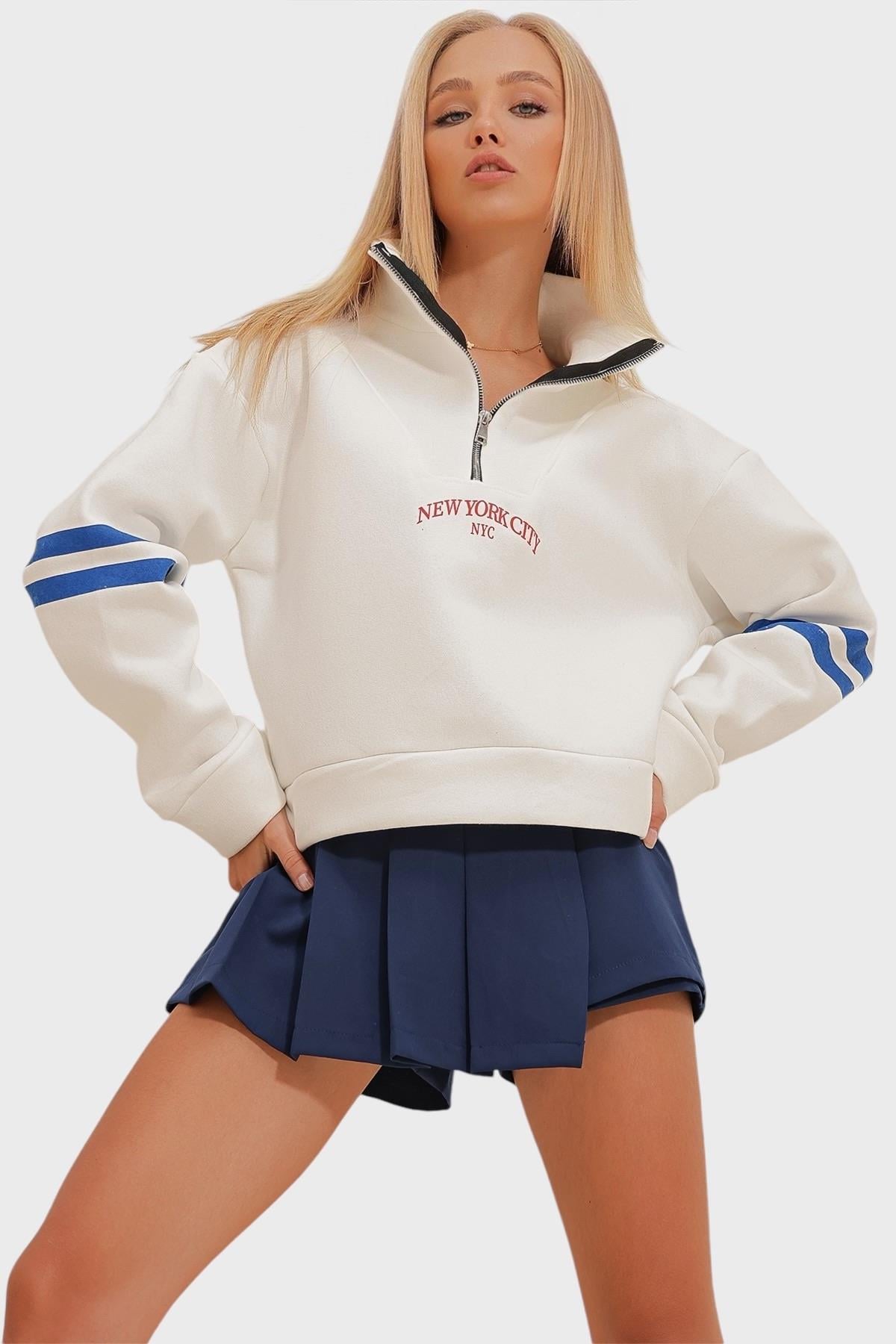 Fermuarlı Şeritli 3 İplik İçi Şardonlu Sweatshirt - Beyaz