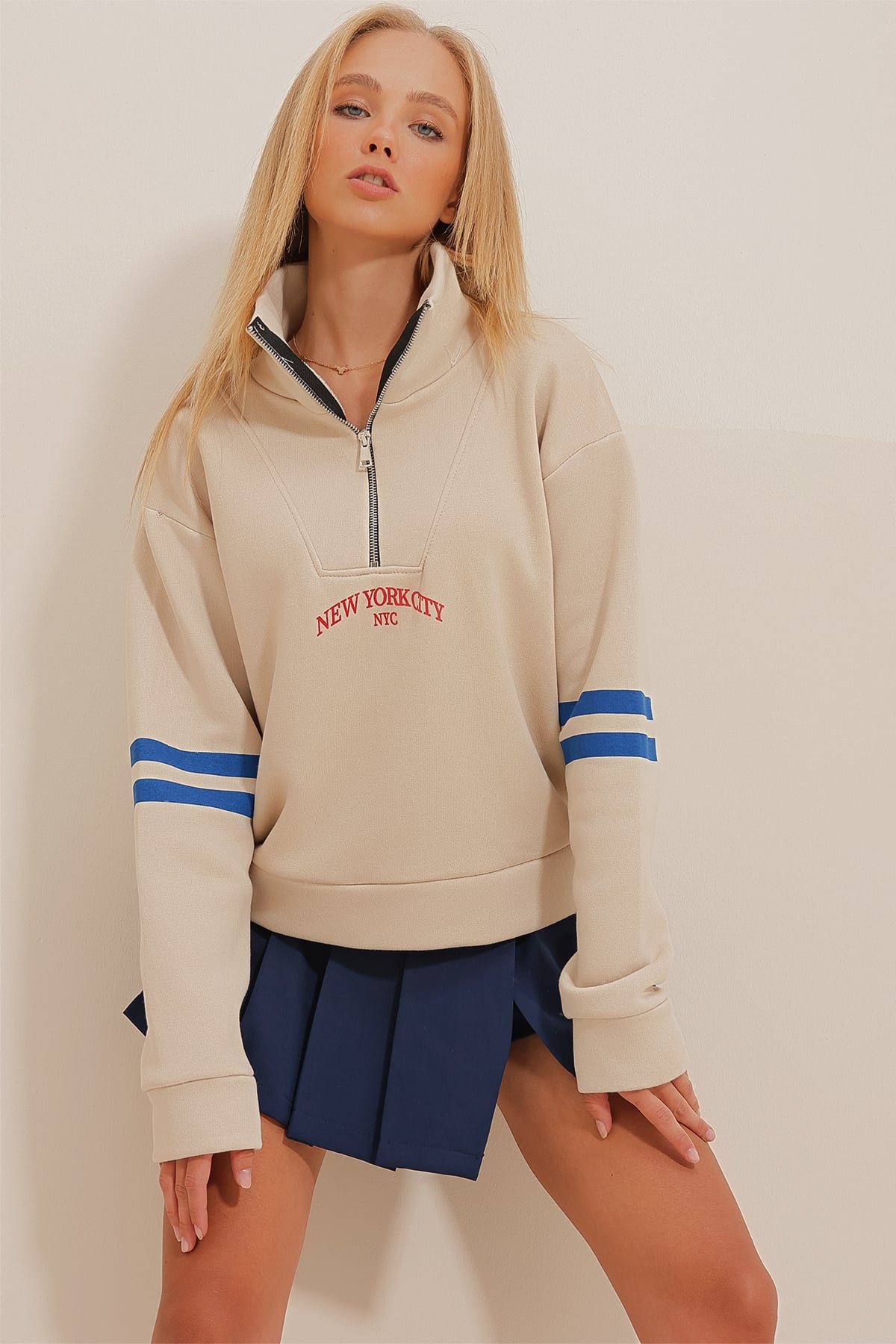 Fermuarlı Şeritli 3 İplik İçi Şardonlu Sweatshirt - Bej