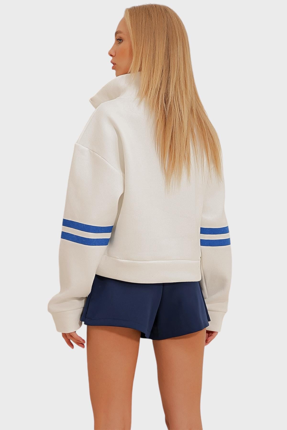 Fermuarlı Şeritli 3 İplik İçi Şardonlu Sweatshirt - Beyaz