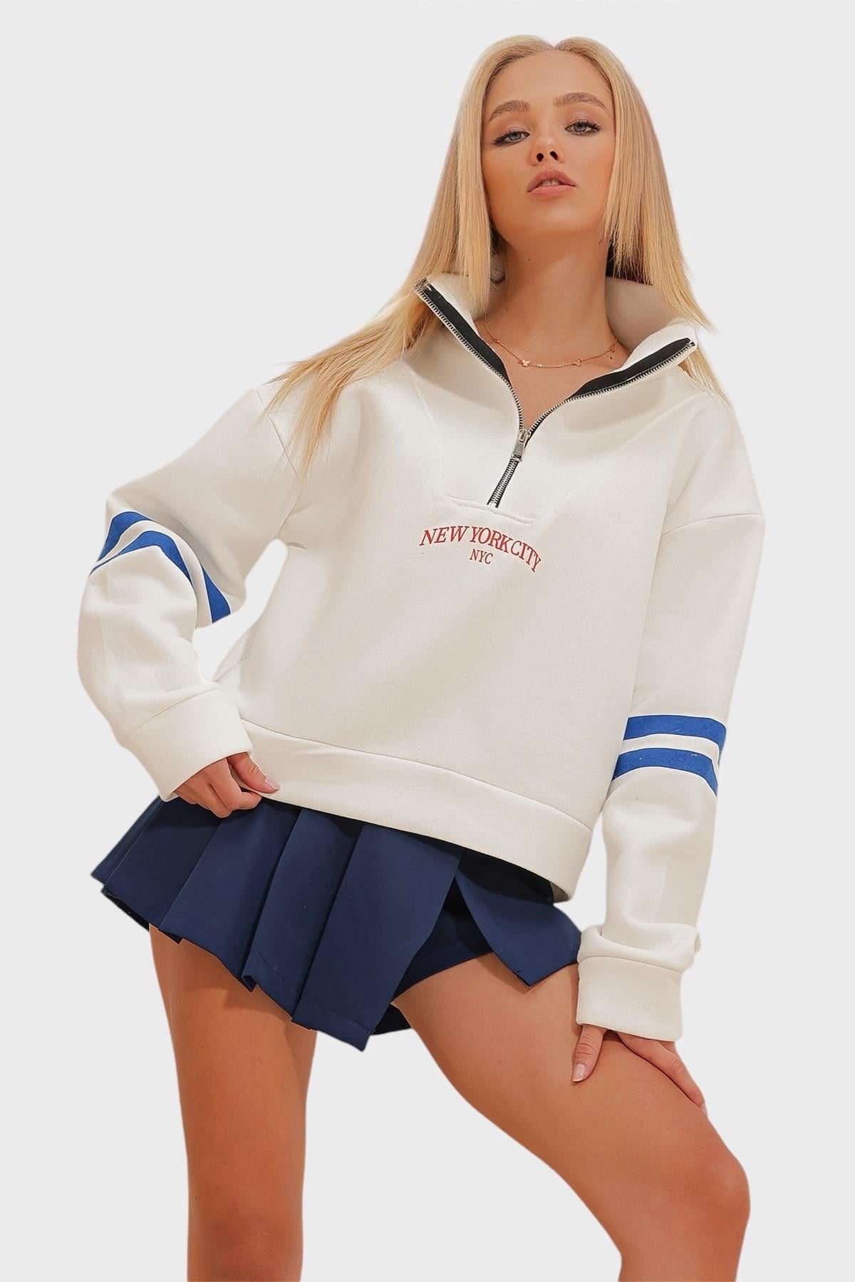 Fermuarlı Şeritli 3 İplik İçi Şardonlu Sweatshirt - Beyaz