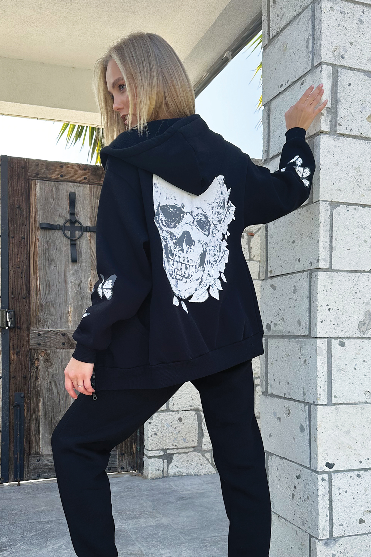 Fermuarlı Sırt Baskılı 3 İplik İçi Polarlı Oversize Unisex Sweatshirt - Siyah