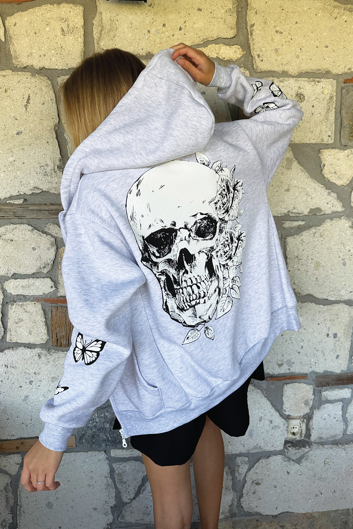 Fermuarlı Sırt Baskılı 3 İplik İçi Polarlı Oversize Unisex Sweatshirt - Grimelanj