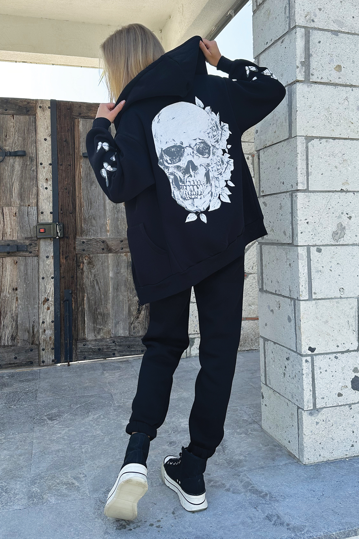 Fermuarlı Sırt Baskılı 3 İplik İçi Polarlı Oversize Unisex Sweatshirt - Siyah