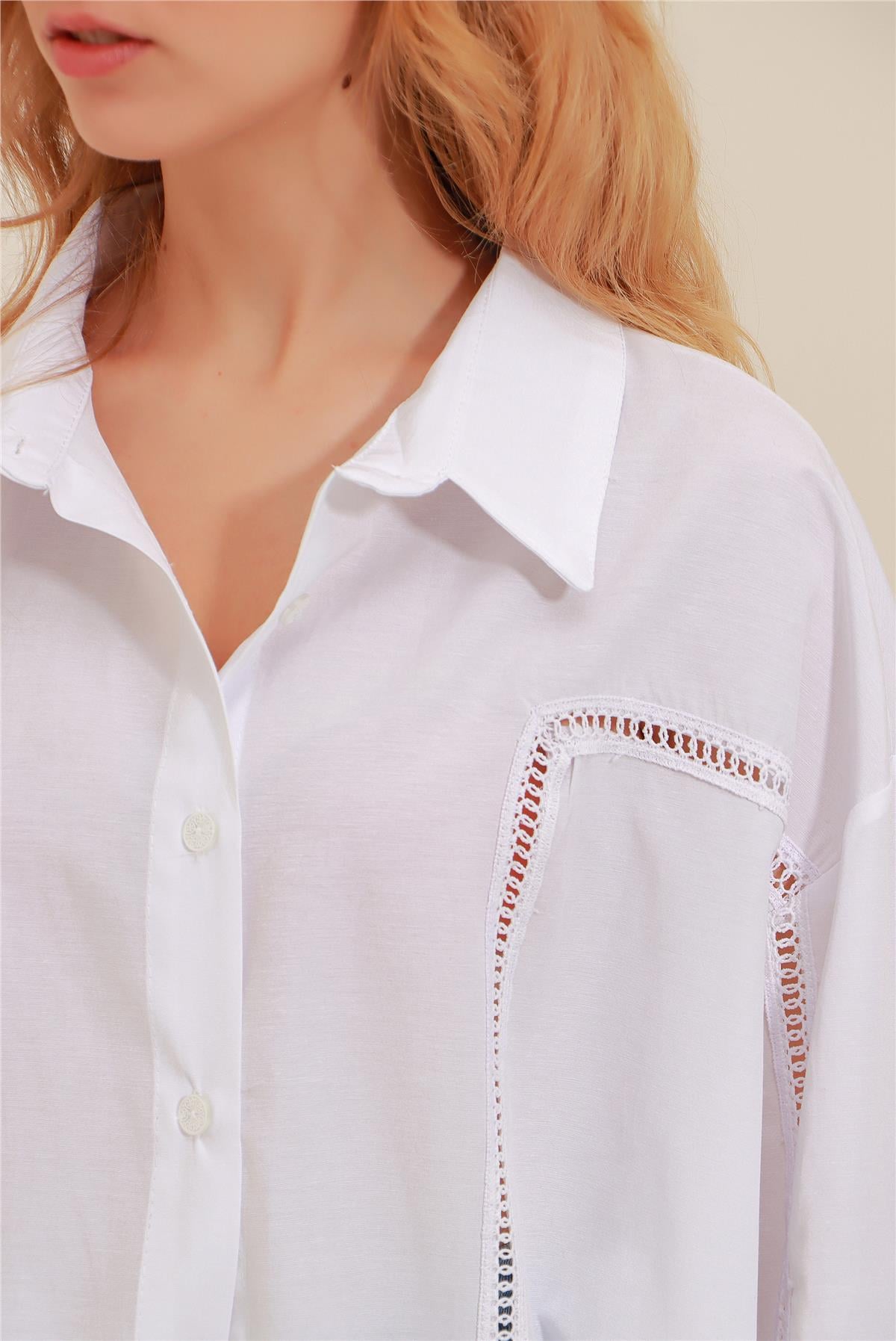Fisto Detaylı Poplin Oversize Gömlek - Beyaz
