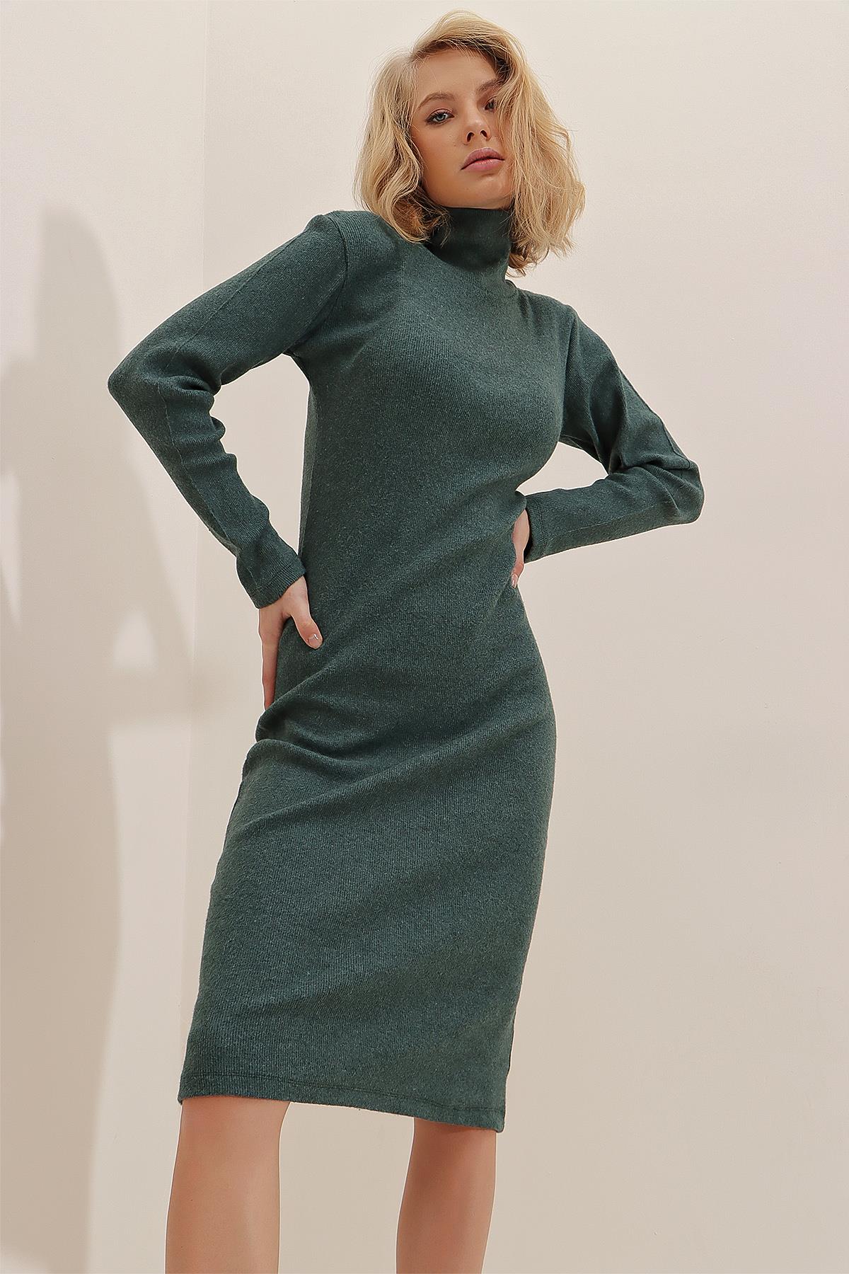 Fitilli Bodycon Balıkçı Yaka Örme Elbise - Yeşil