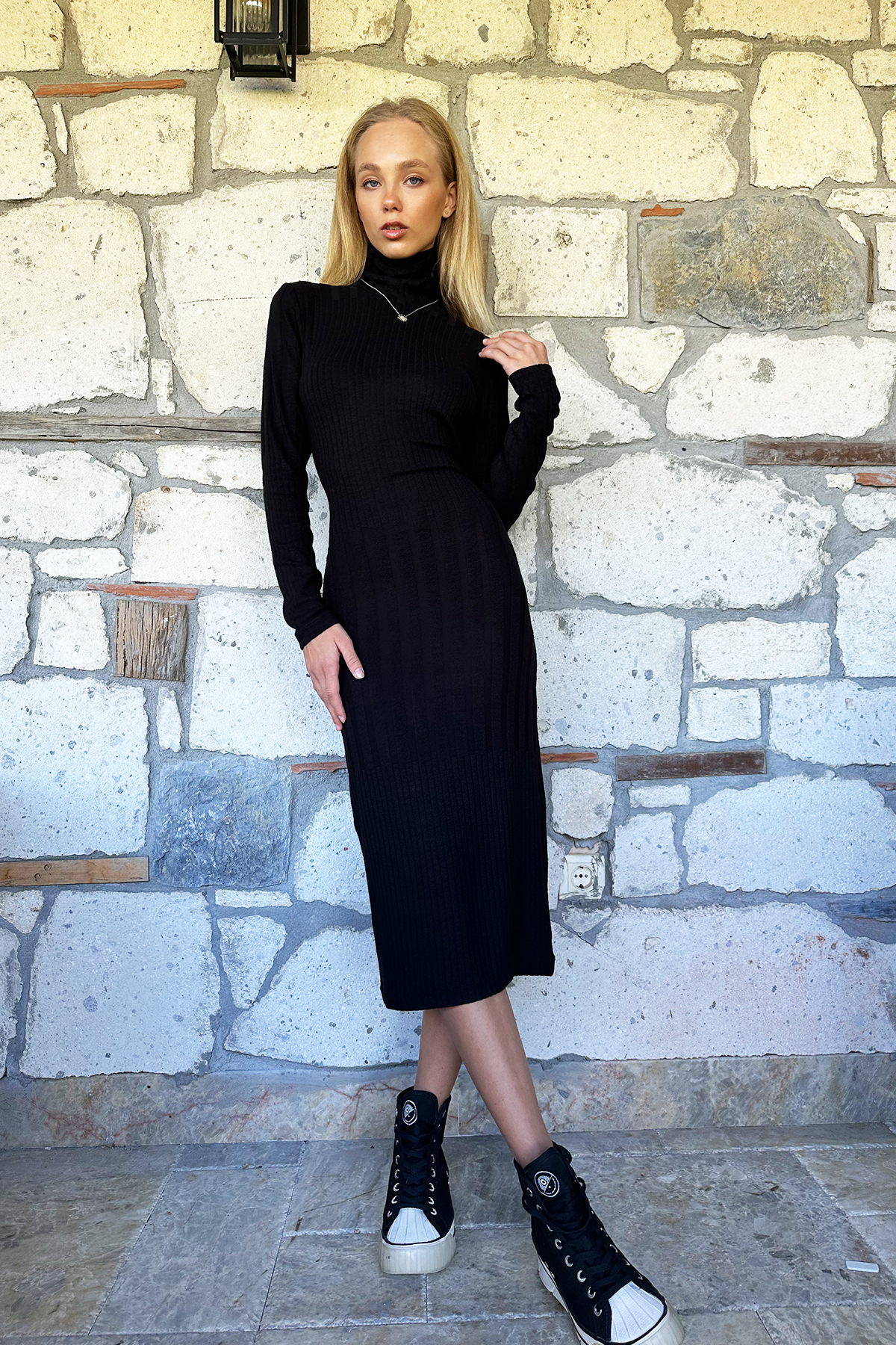 Fitilli Bodycon Balıkçı Yaka Örme Elbise - Siyah