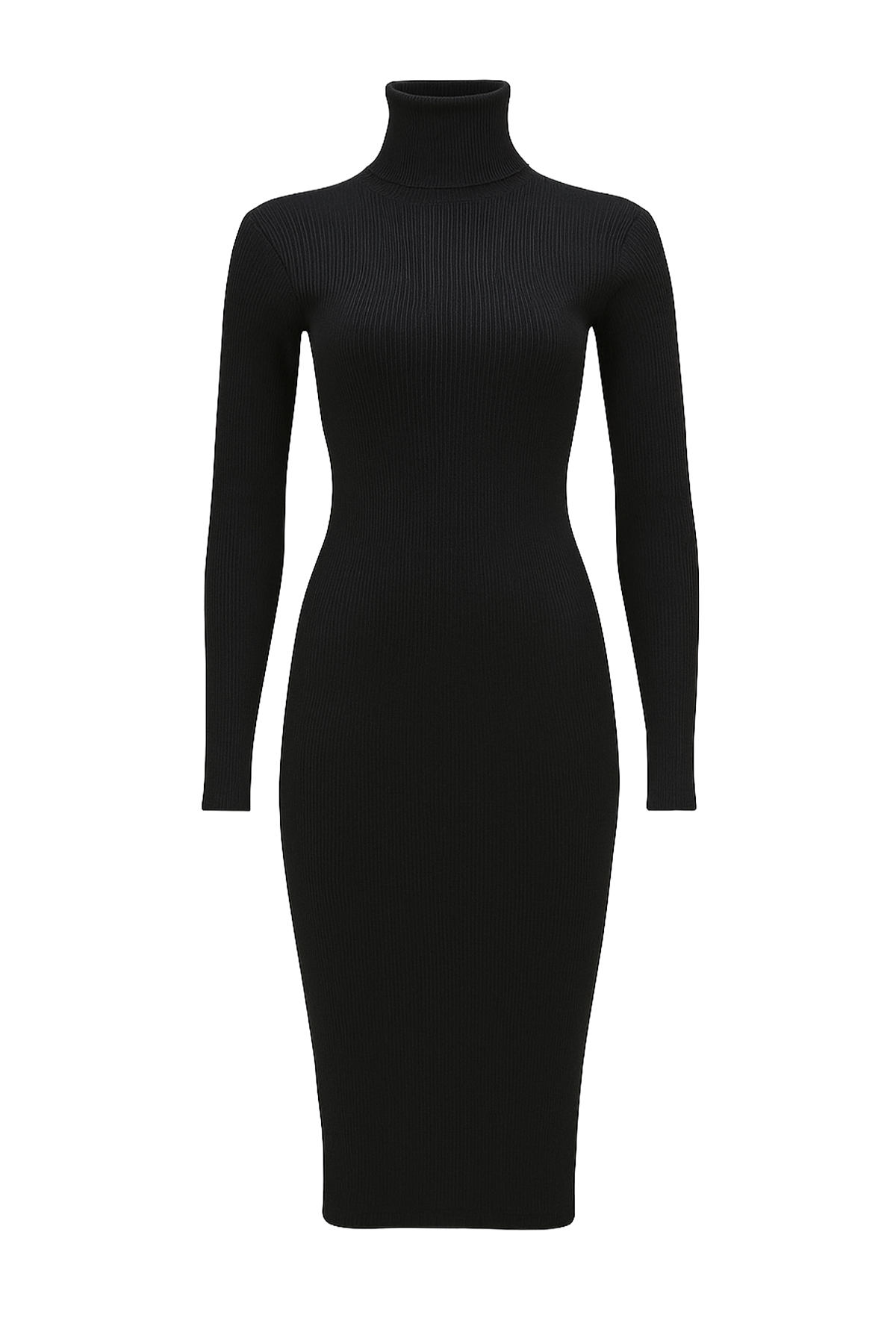 Fitilli Bodycon Balıkçı Yaka Örme Elbise - Siyah