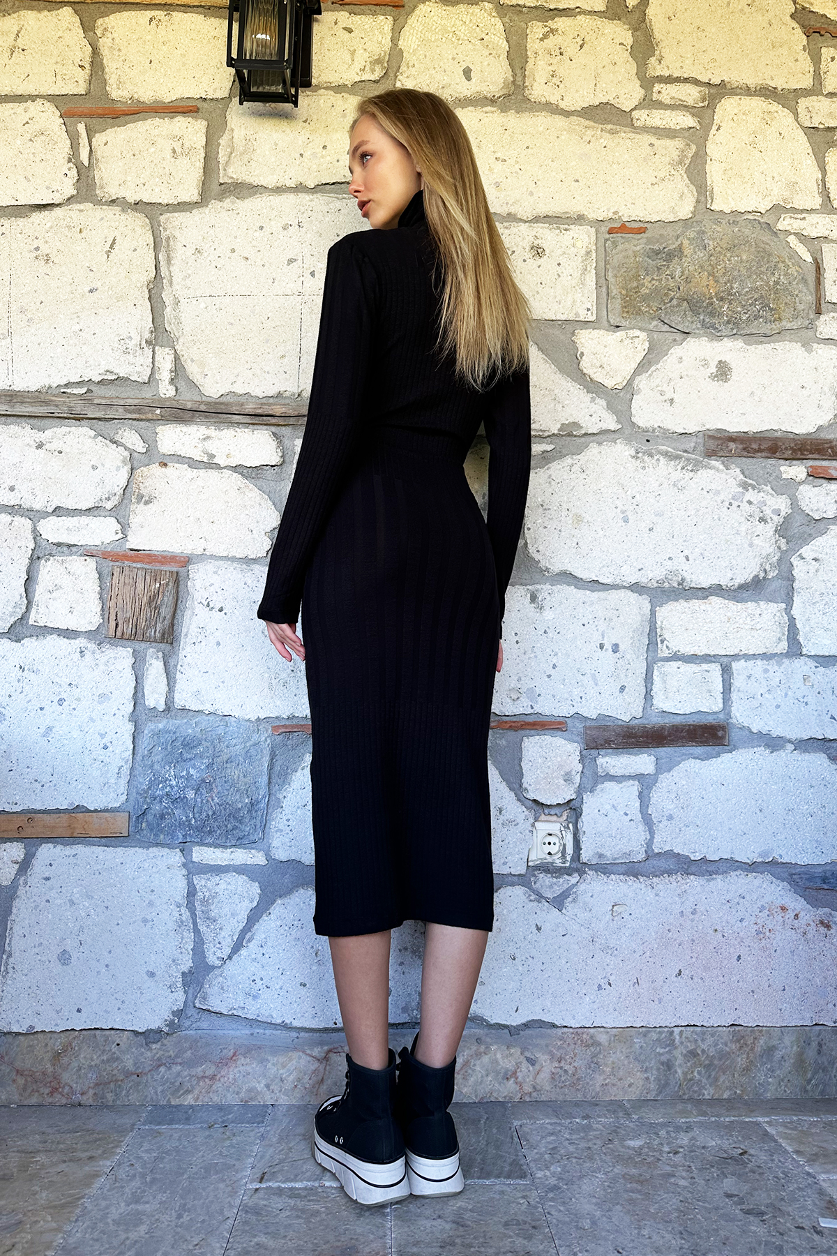 Fitilli Bodycon Balıkçı Yaka Örme Elbise - Siyah