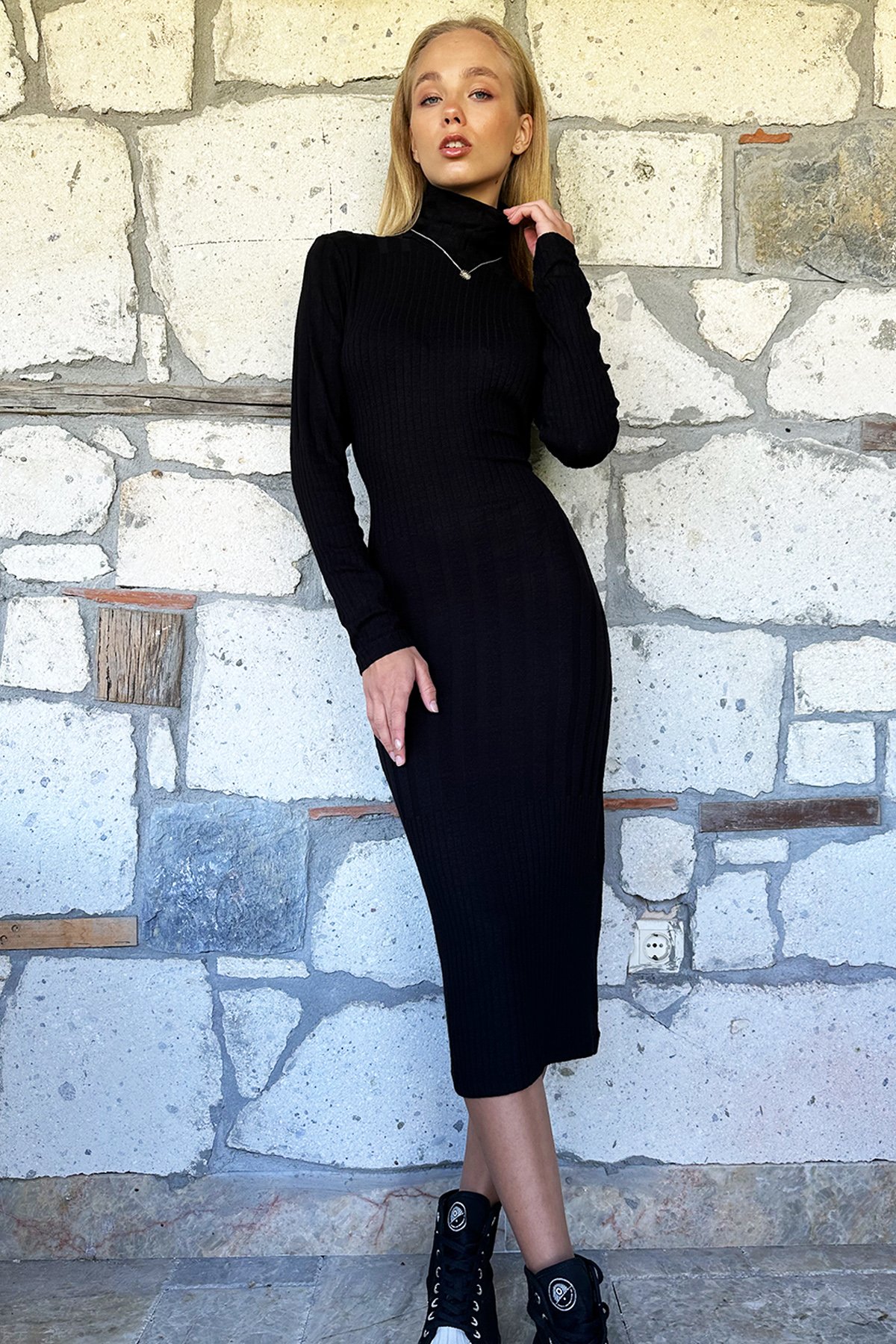 Fitilli Bodycon Balıkçı Yaka Örme Elbise - Siyah