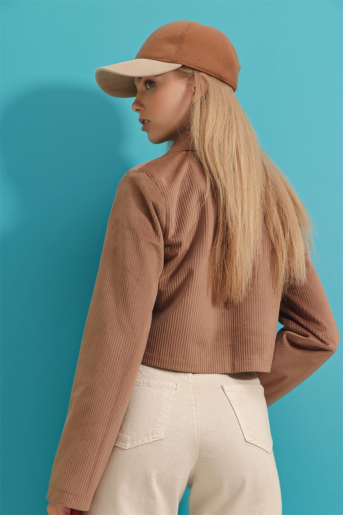 Fitilli Crop Kadife Ceket - Karamel