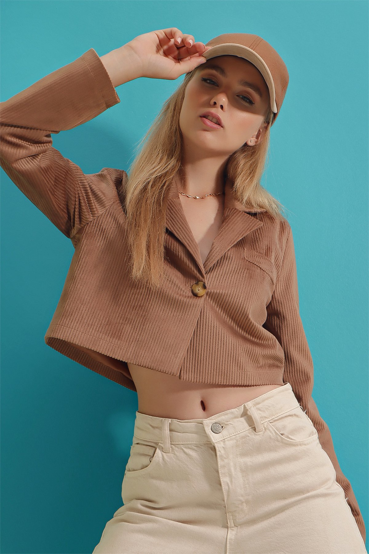 Fitilli Crop Kadife Ceket - Karamel
