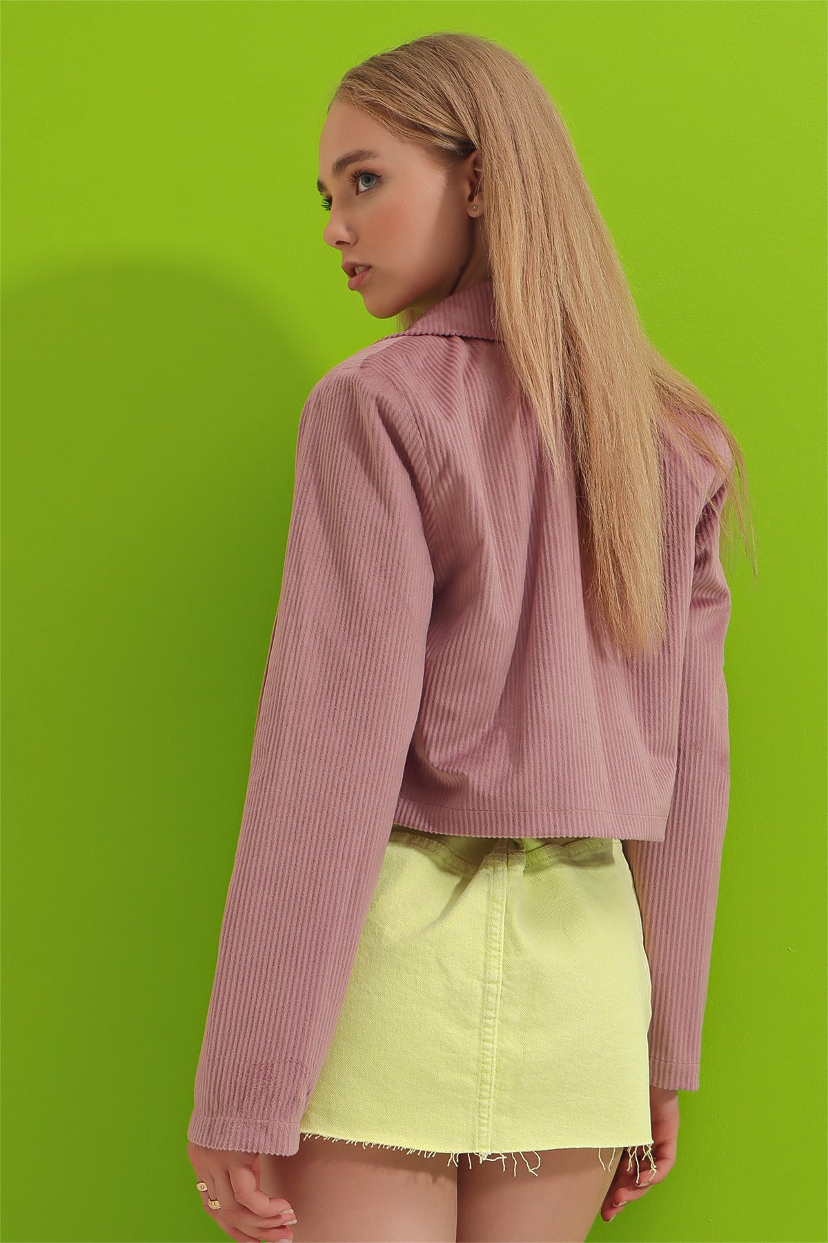 Fitilli Crop Kadife Ceket - Pudra Pembe