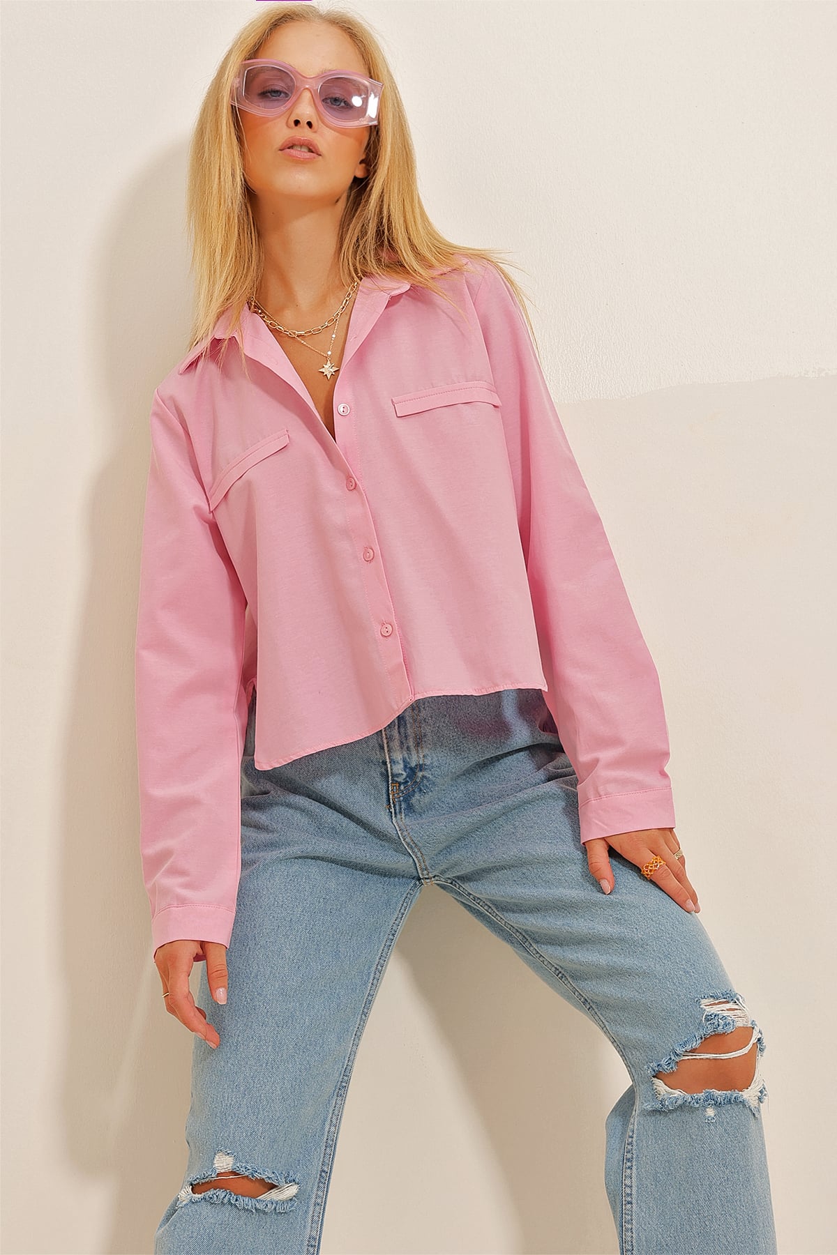 Fleto Kapaklı Crop Poplin Gömlek - Pembe