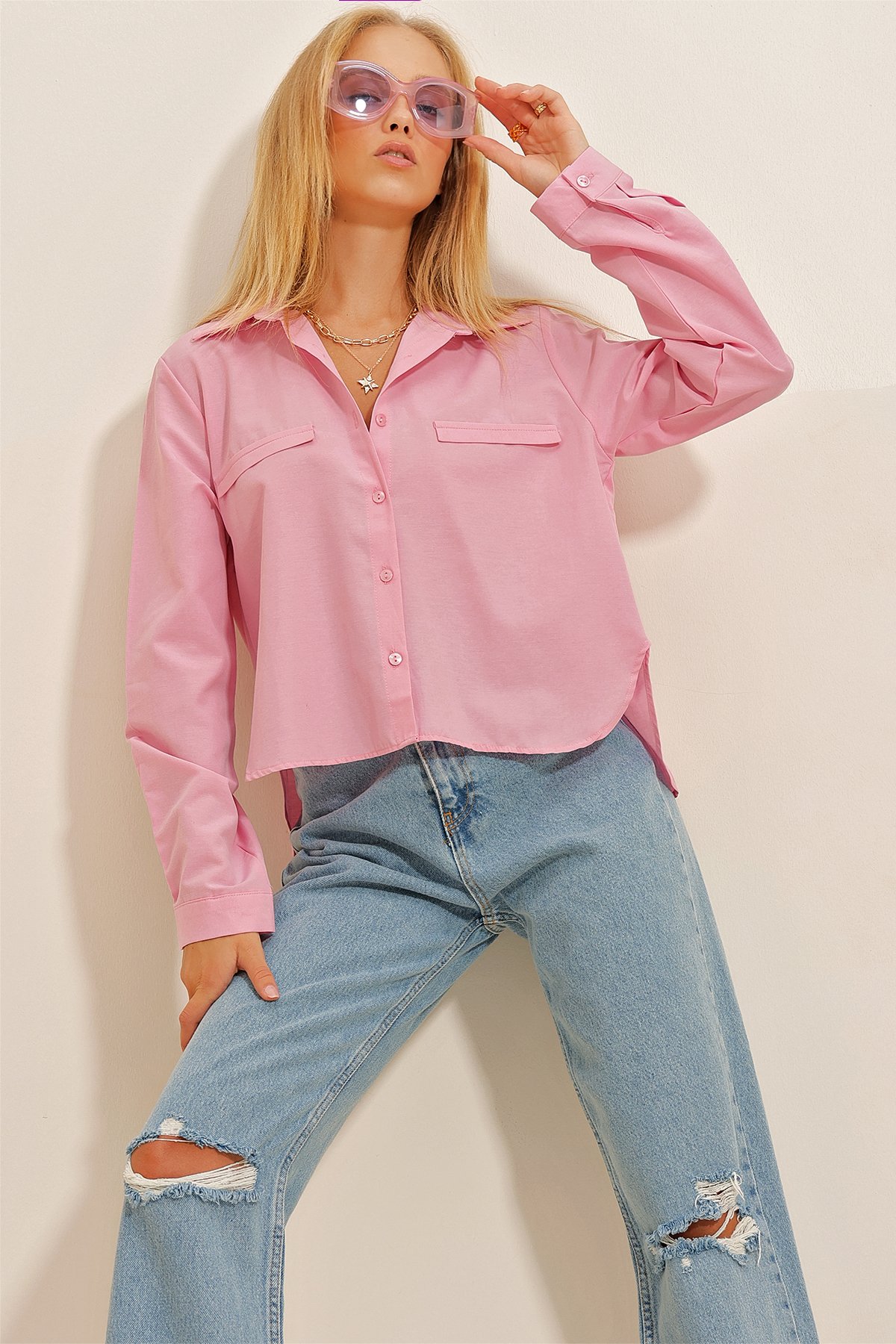 Fleto Kapaklı Crop Poplin Gömlek - Pembe