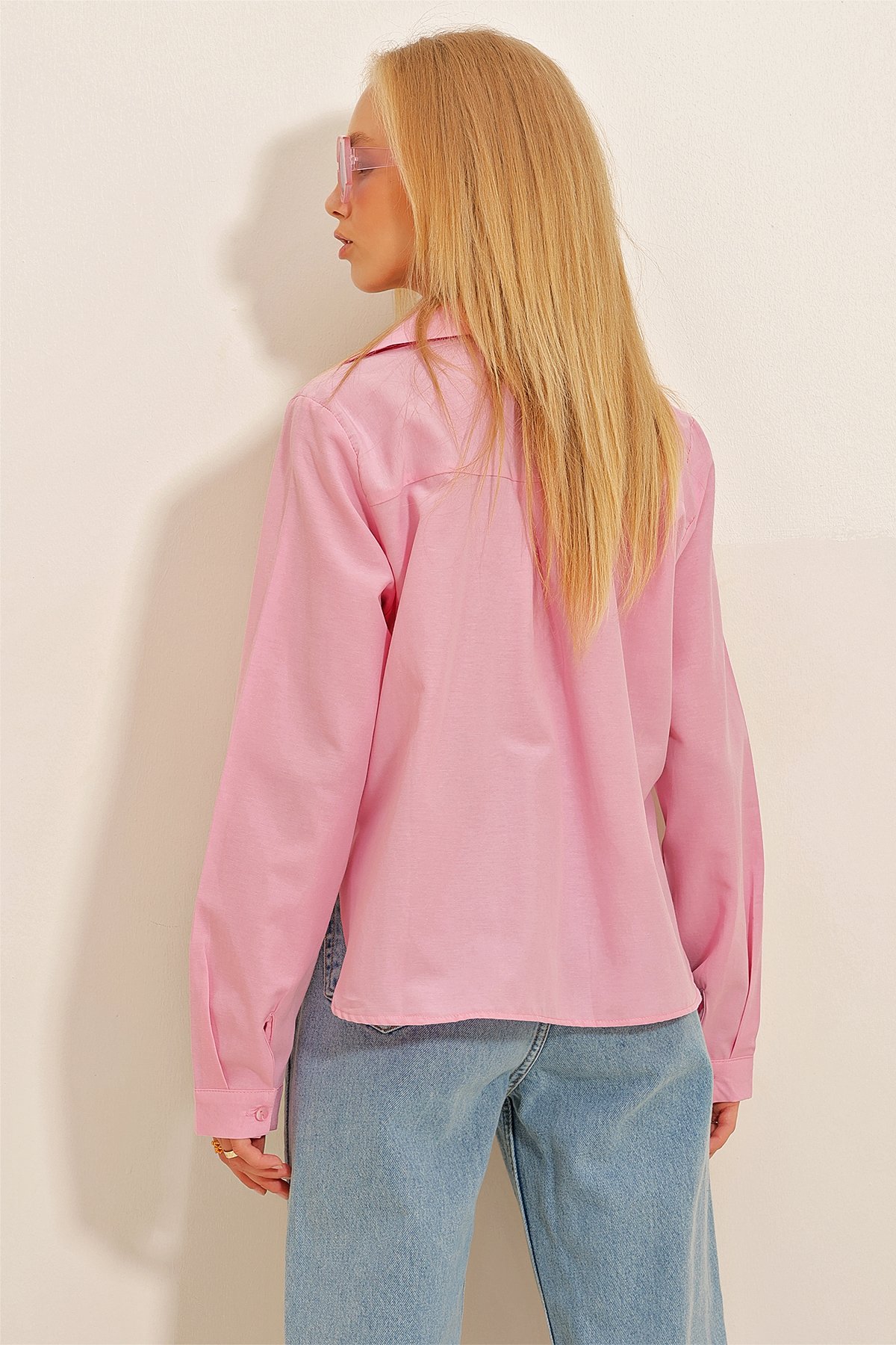 Fleto Kapaklı Crop Poplin Gömlek - Pembe