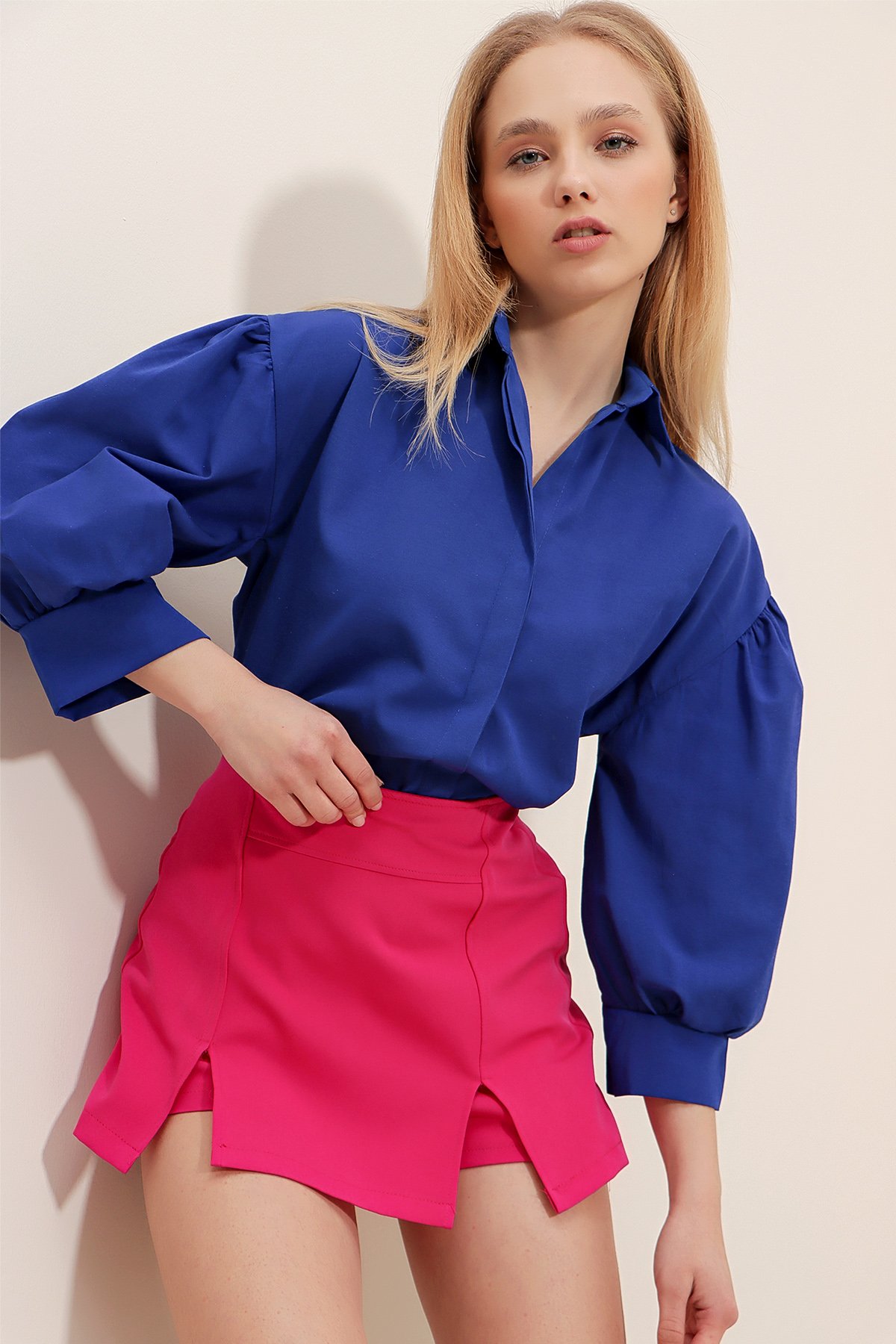 Gizli Patlı Balon Kol Basic Poplin Gömlek - Saks