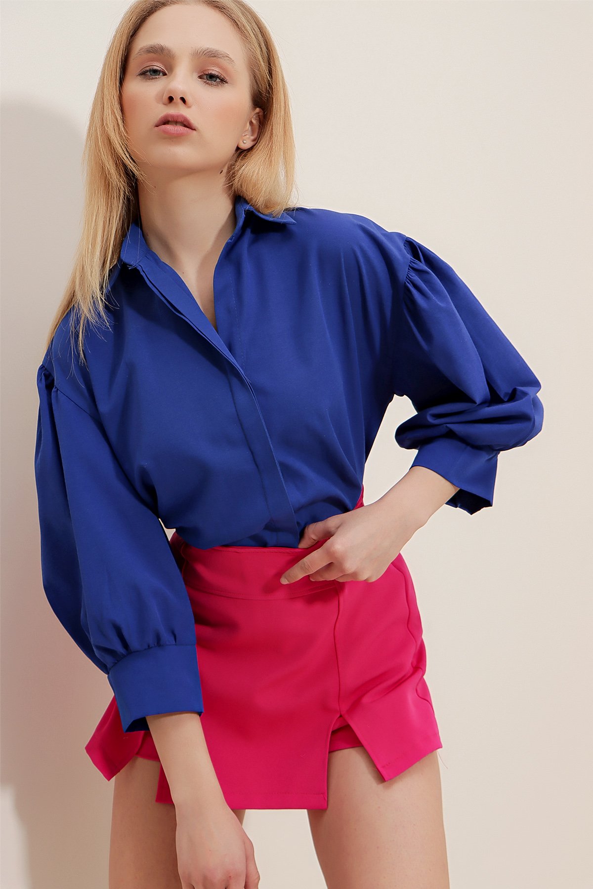 Gizli Patlı Balon Kol Basic Poplin Gömlek - Saks