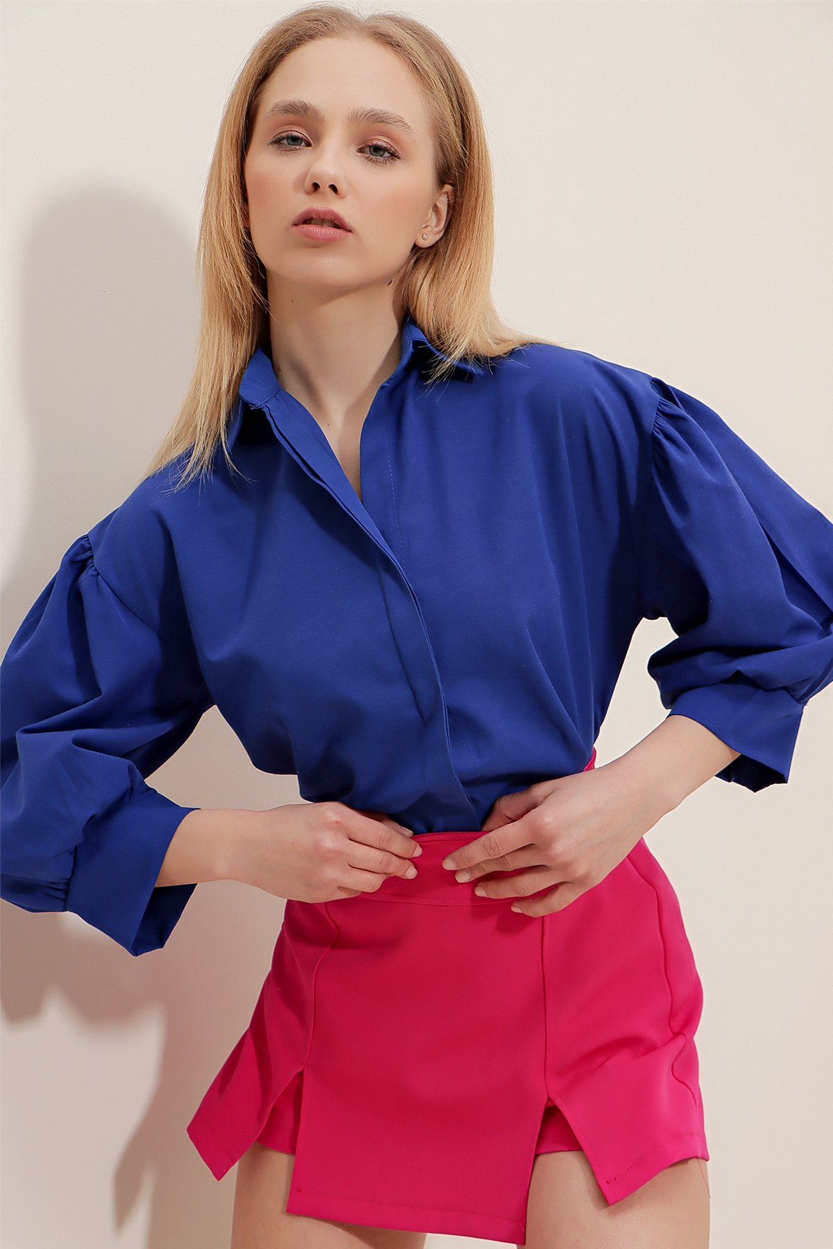 Gizli Patlı Balon Kol Basic Poplin Gömlek - Saks