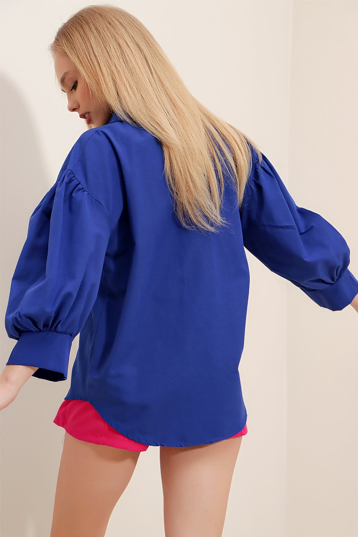 Gizli Patlı Balon Kol Basic Poplin Gömlek - Saks