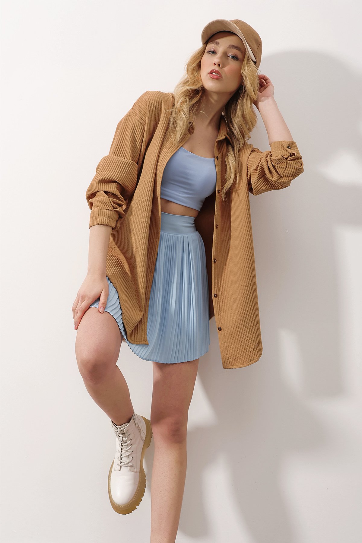 Gofre Fitilli Örme Oversize Gömlek - BİSKÜVİ