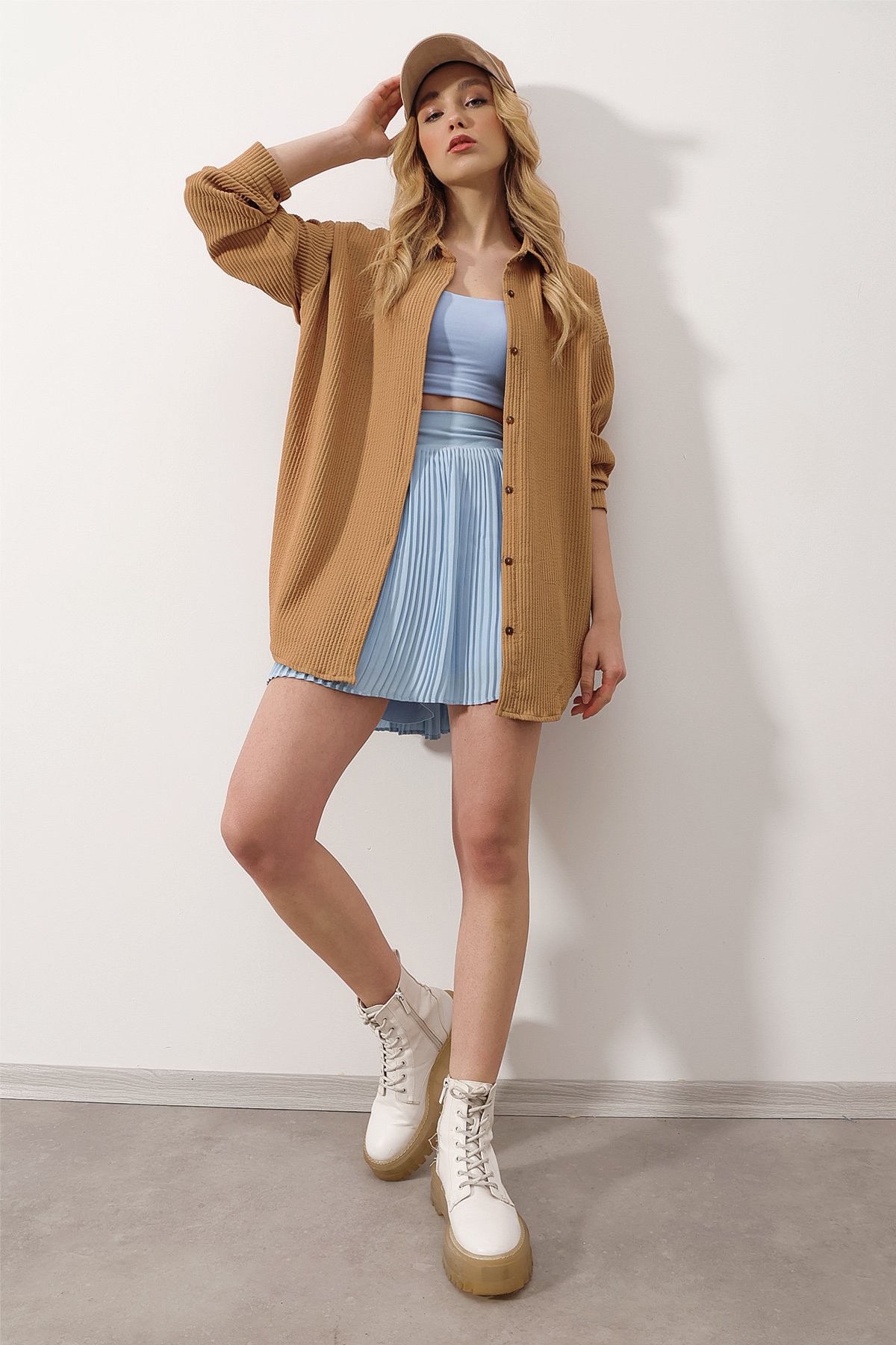 Gofre Fitilli Örme Oversize Gömlek - BİSKÜVİ