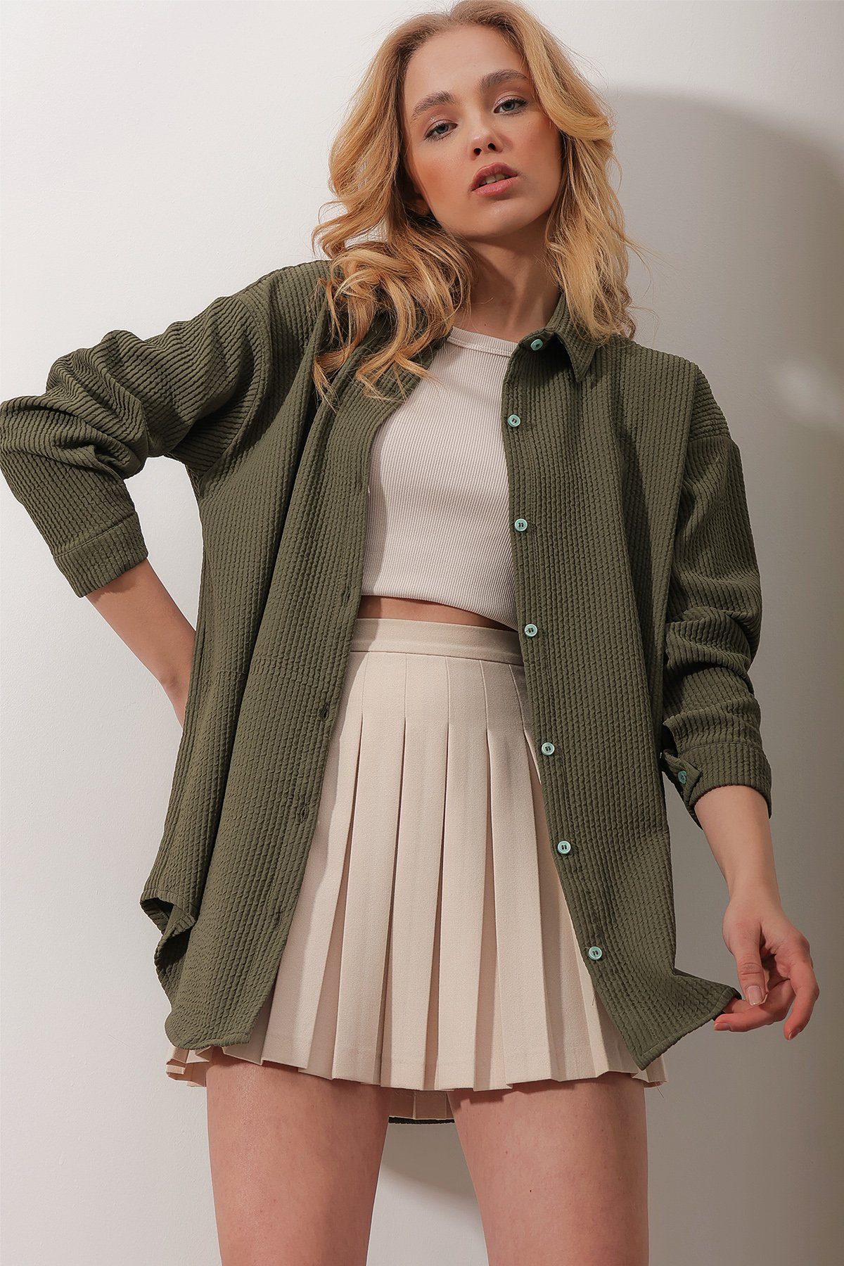 Gofre Fitilli Örme Oversize Gömlek - Koyu Yeşil