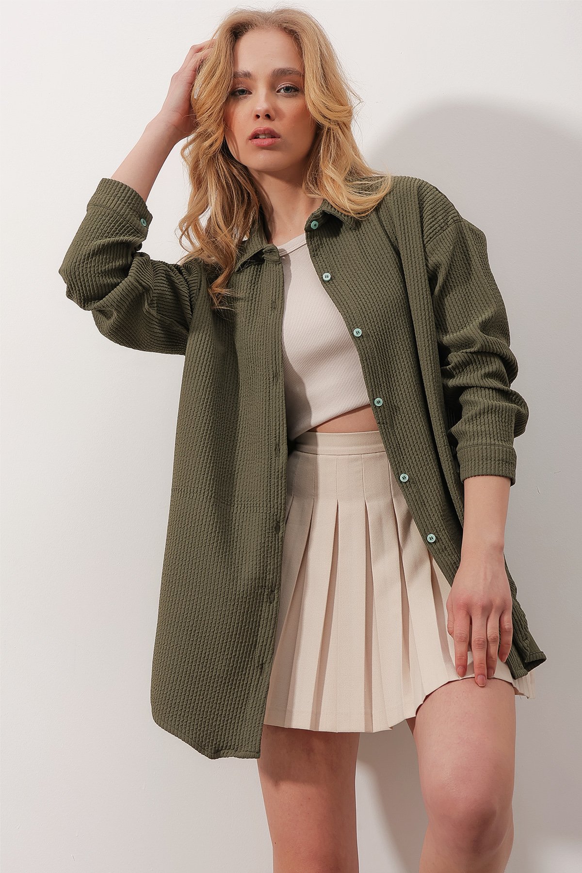 Gofre Fitilli Örme Oversize Gömlek - Koyu Yeşil