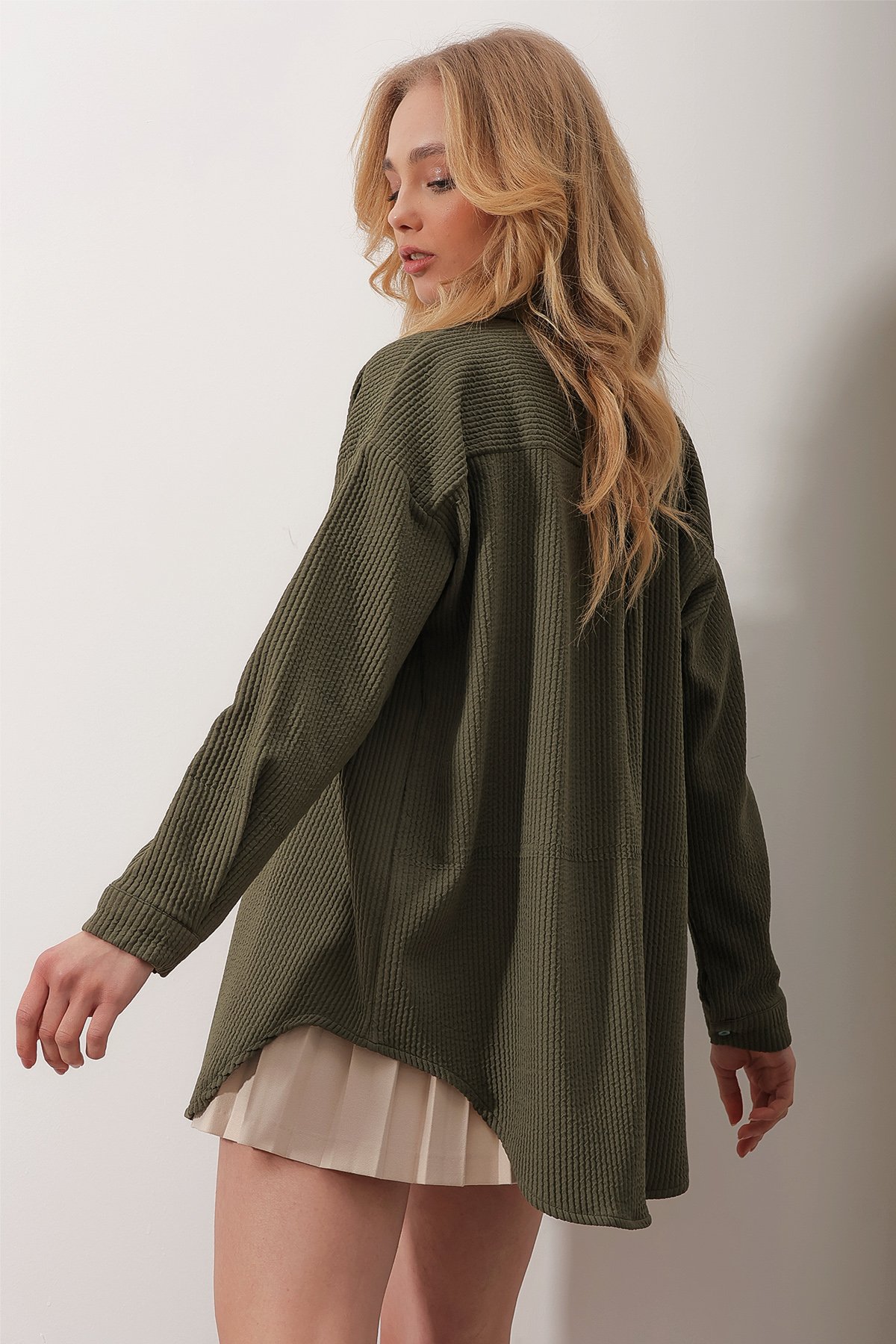 Gofre Fitilli Örme Oversize Gömlek - Koyu Yeşil