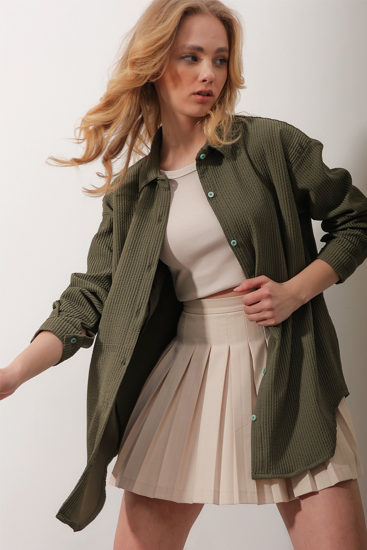 Gofre Fitilli Örme Oversize Gömlek - Koyu Yeşil