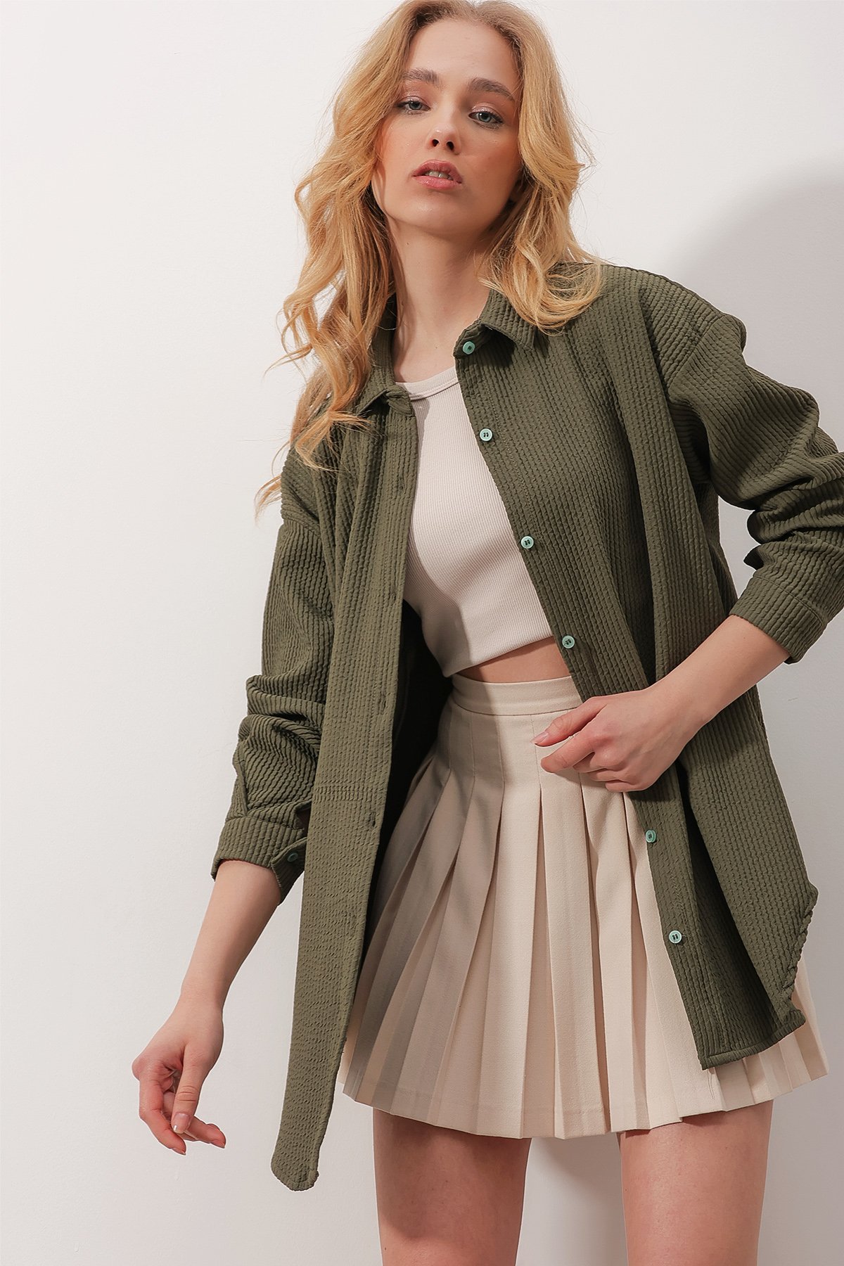 Gofre Fitilli Örme Oversize Gömlek - Koyu Yeşil