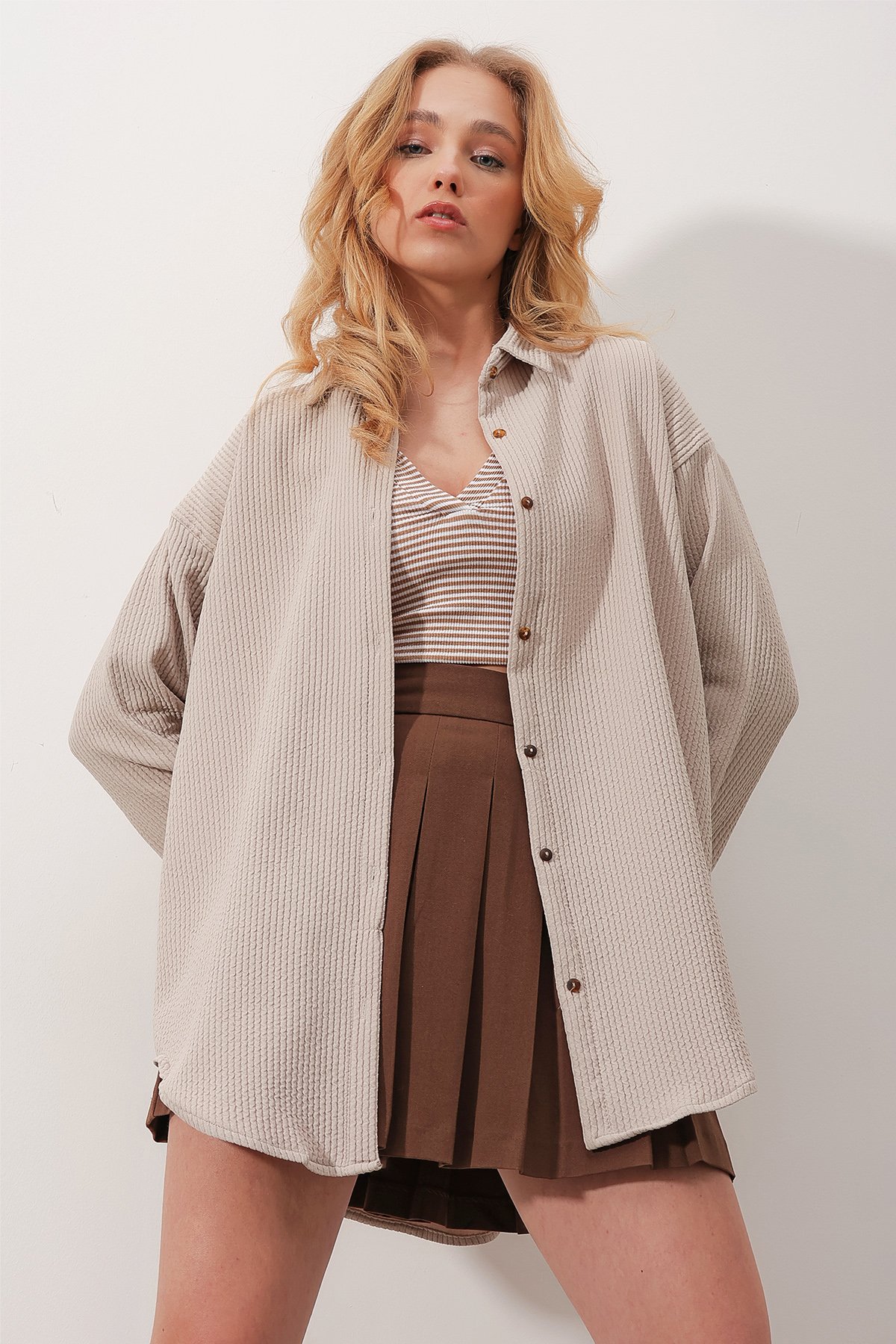 Gofre Fitilli Örme Oversize Gömlek - TAŞ