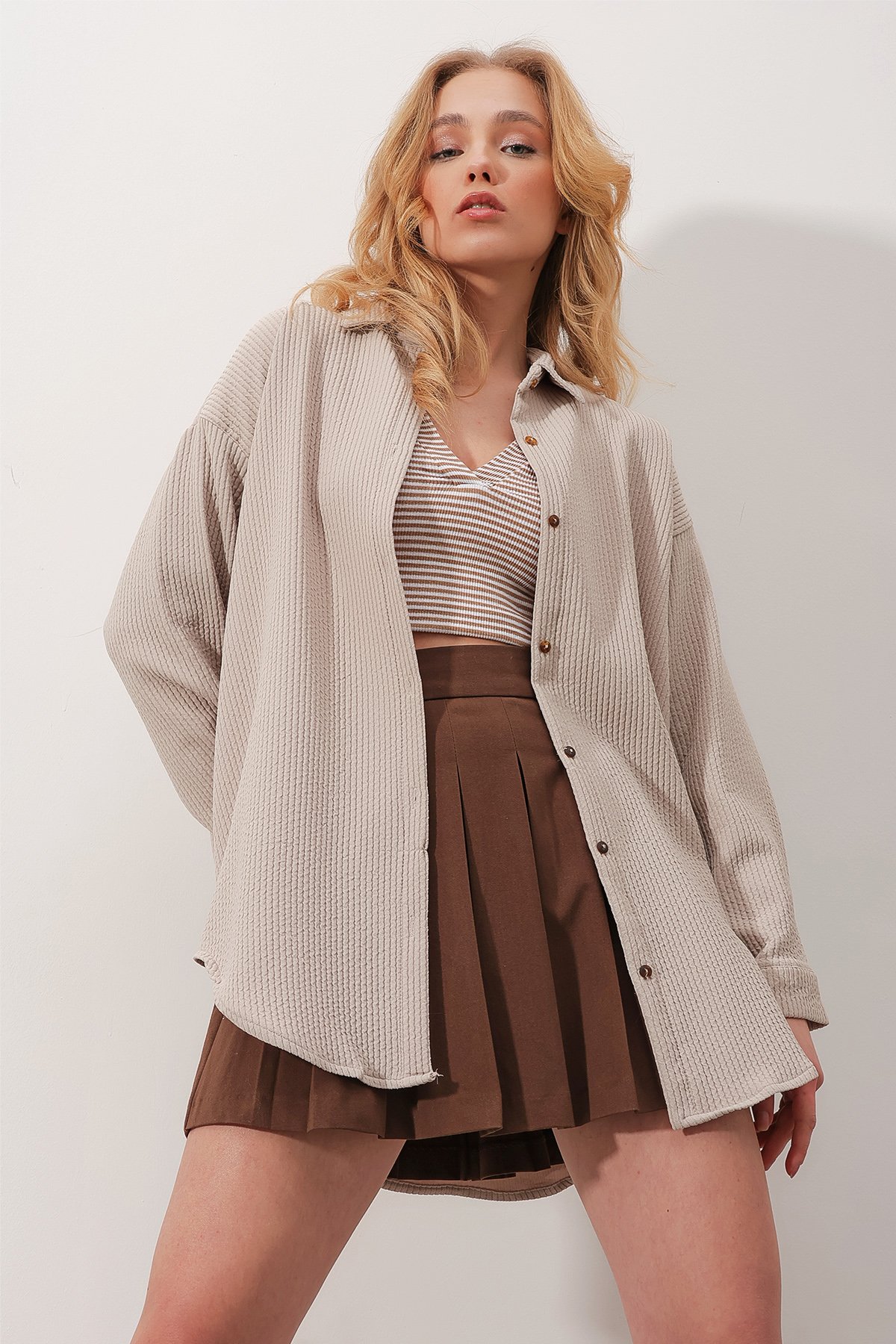 Gofre Fitilli Örme Oversize Gömlek - TAŞ