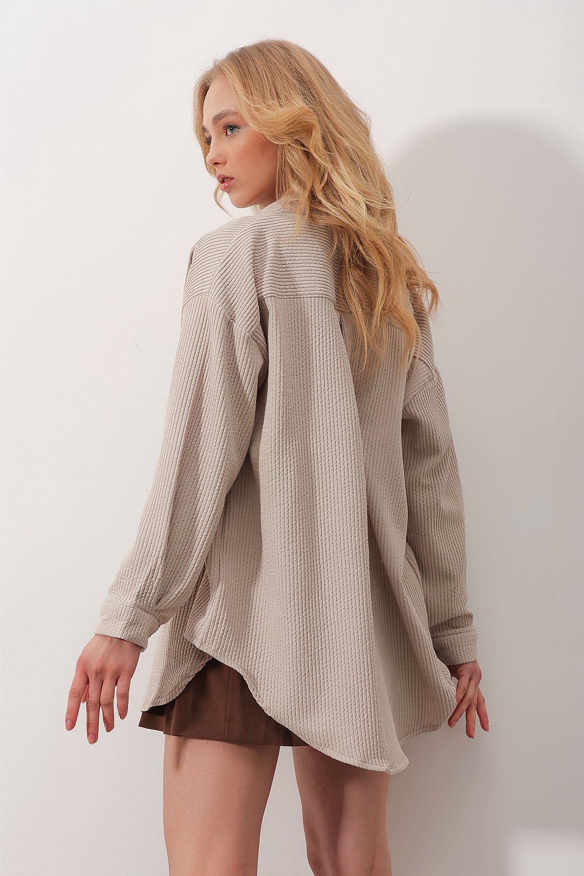 Gofre Fitilli Örme Oversize Gömlek - TAŞ