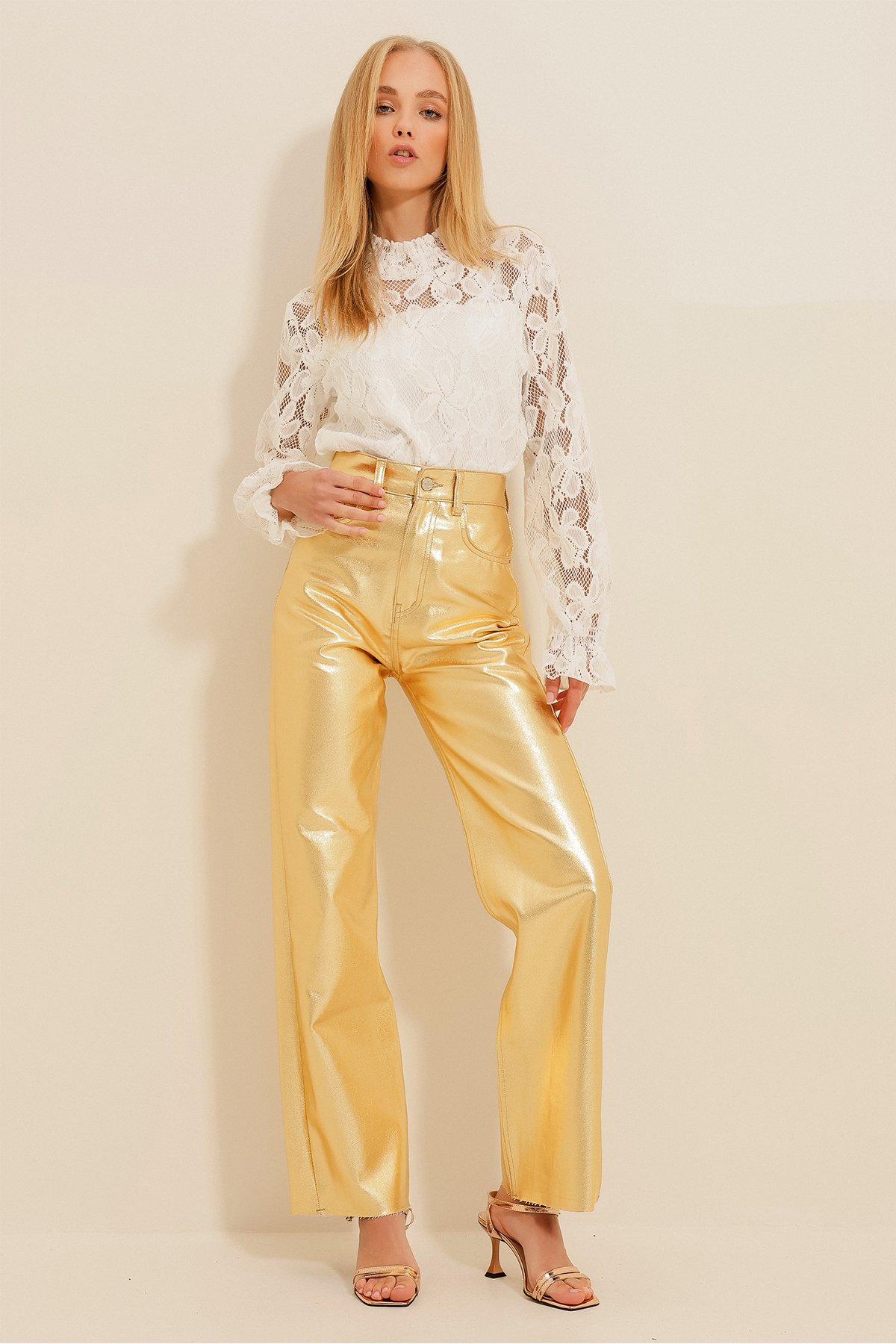 Gold Kaplama Palazzo Pantolon - Gold
