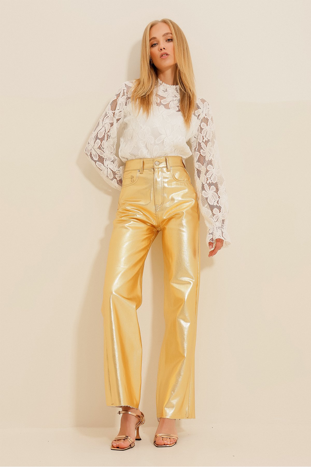 Gold Kaplama Palazzo Pantolon - Gold