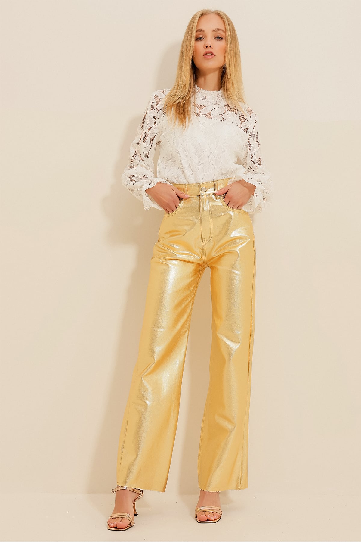 Gold Kaplama Palazzo Pantolon - Gold