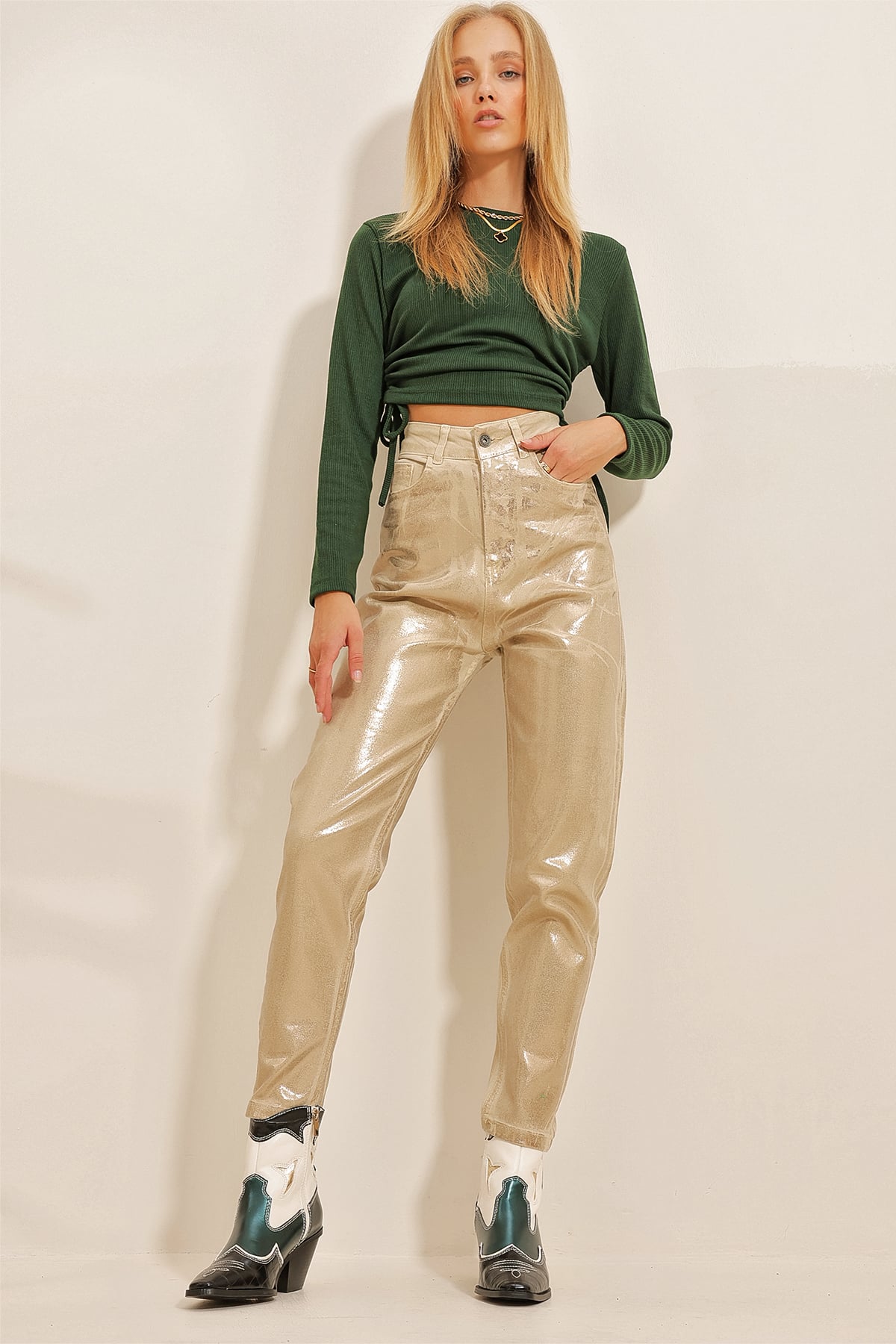 Gold Sıvama Mom Jeans Pantolon - Gold
